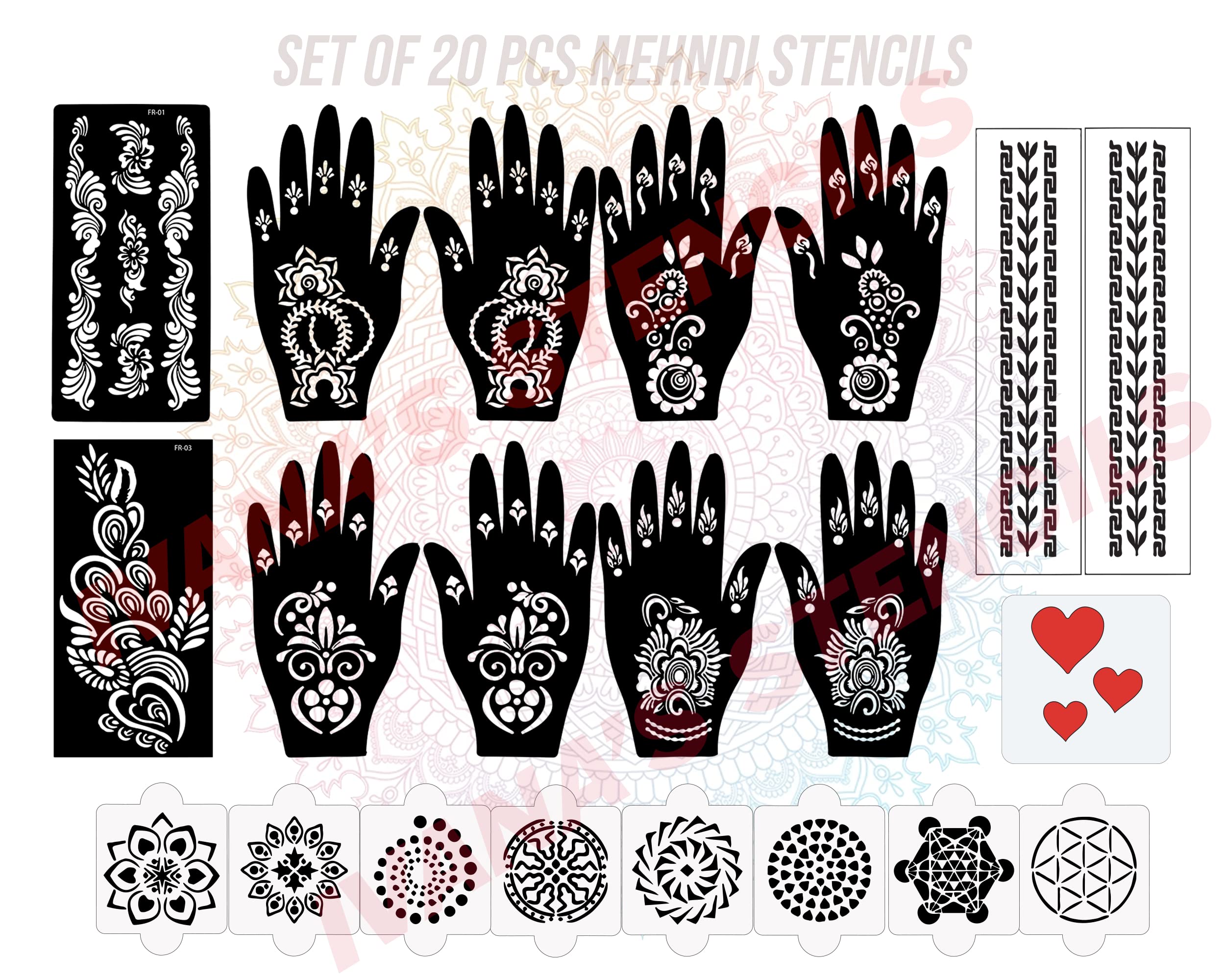 Ivana's Set of 20 Pcs Combo Pack, Reusable Mehandi Design Sticker Stencils for Both Hand | Stencil Mehandi for Full Hand | Quick and Easy to Use, for Girls, Women, Kids & Teen, D-2024