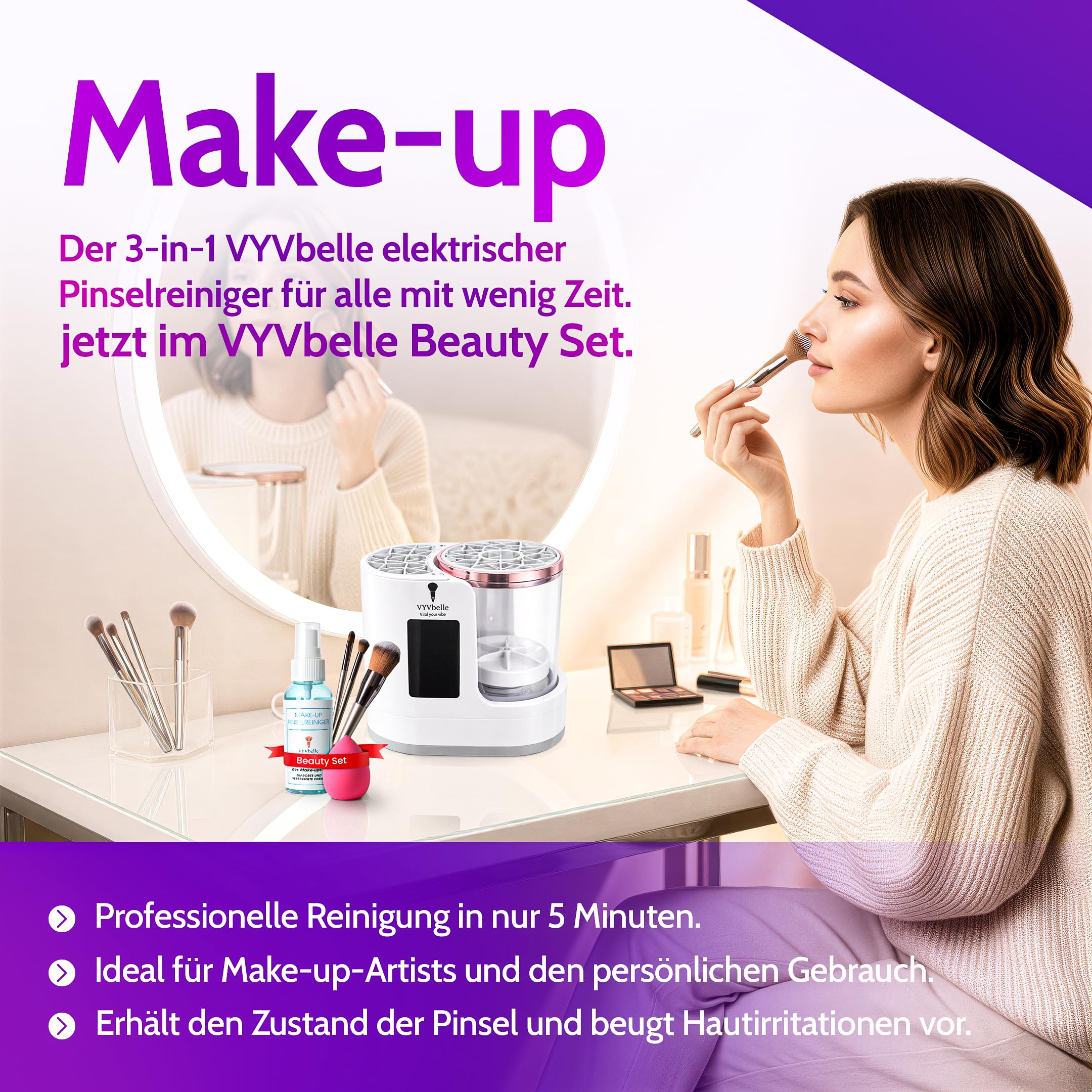 Make up - elektrischer Pinselreiniger Set mit 3 Pinseln und Make up Schwamm, inkl. 100 ml Brush Cleaner für Pinselpflege, Make up Pinsel reinigen und Beauty Tools