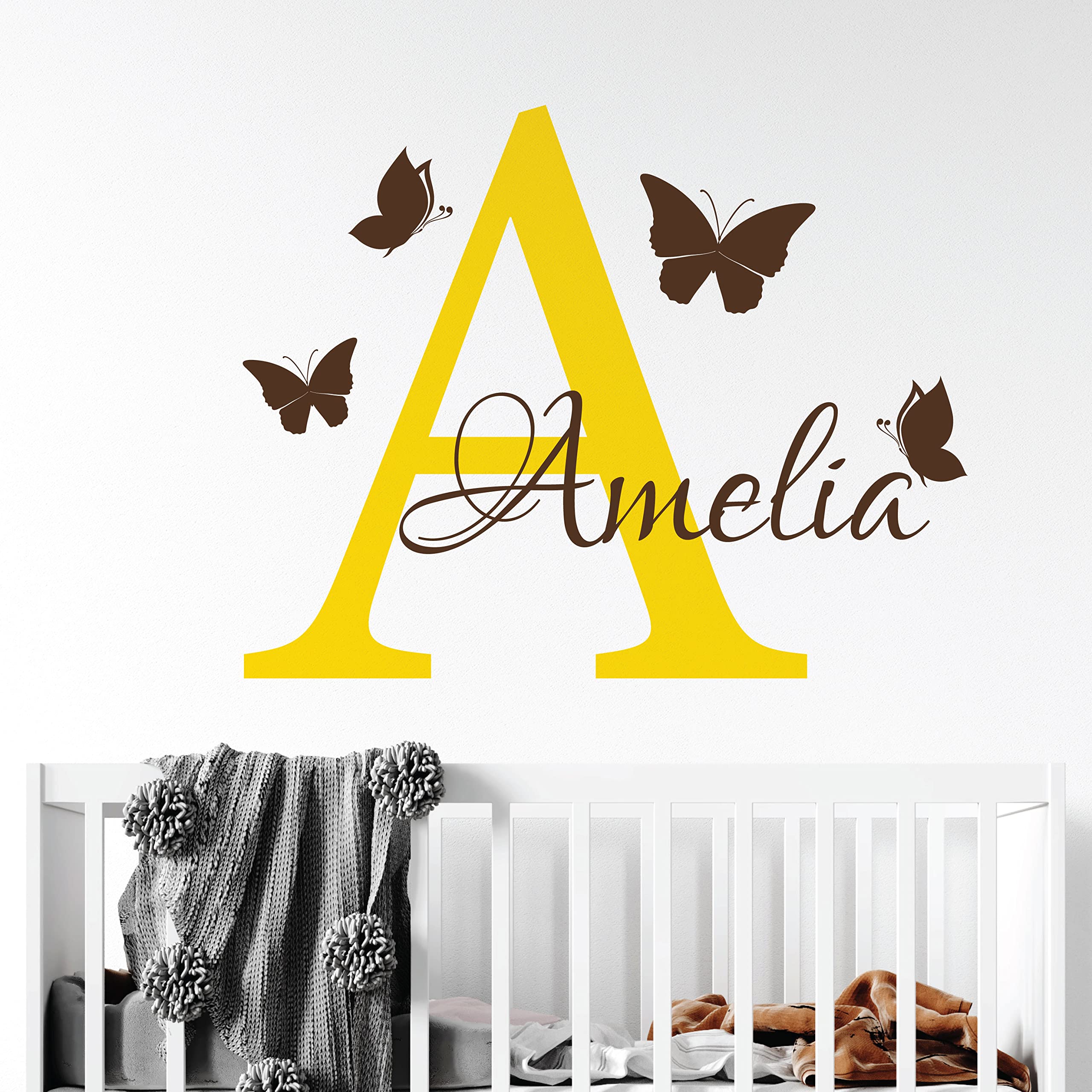 Personalised Name - Initial Letter and Butterflies - Baby Nursery Vinyl Wall Decal Sticker [Medium] [Medium Yellow] — image 1