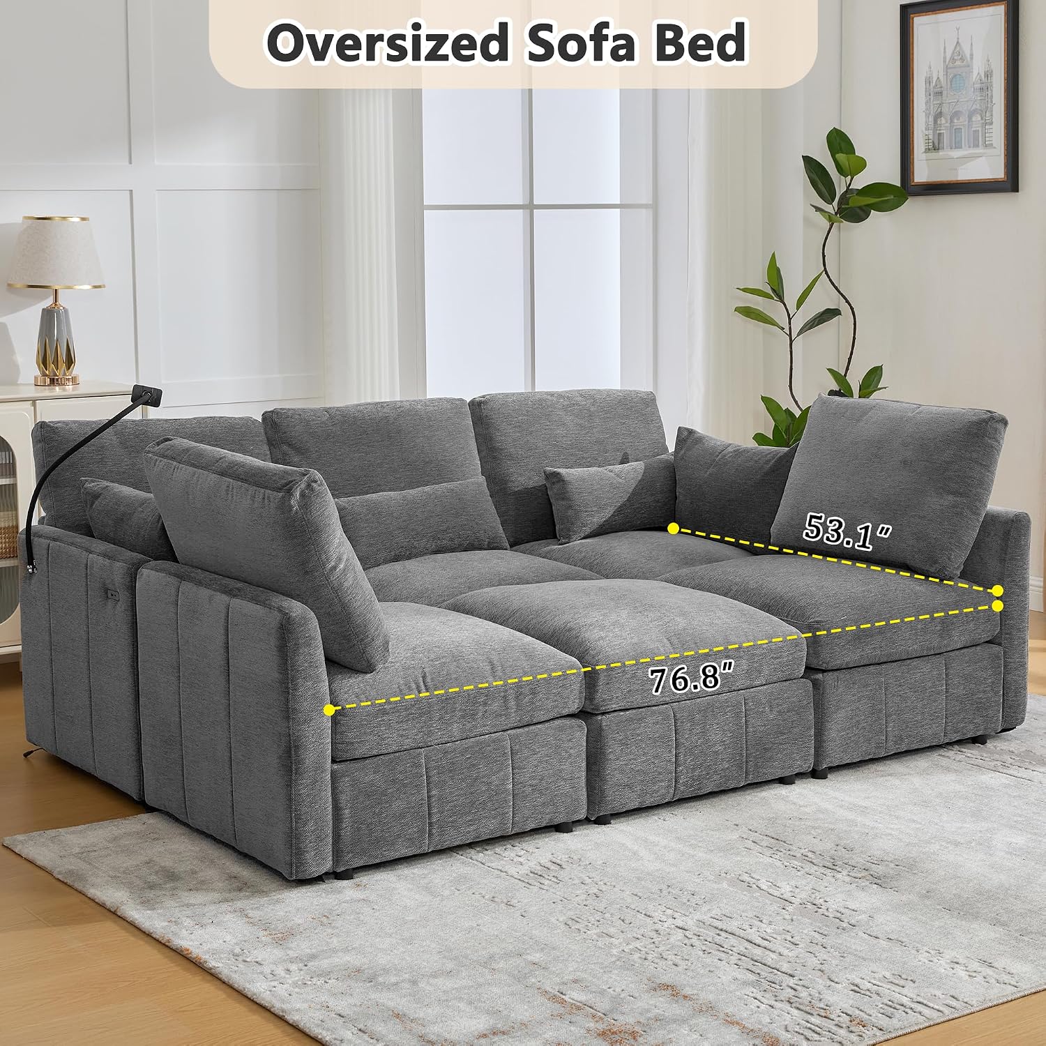 P PURLOVE Modern Sectional Sofa with a Movable Ottoman, Sofa Couch Sofa Bed with Two USB Ports and a Phone Holder for Living Room (Grey)