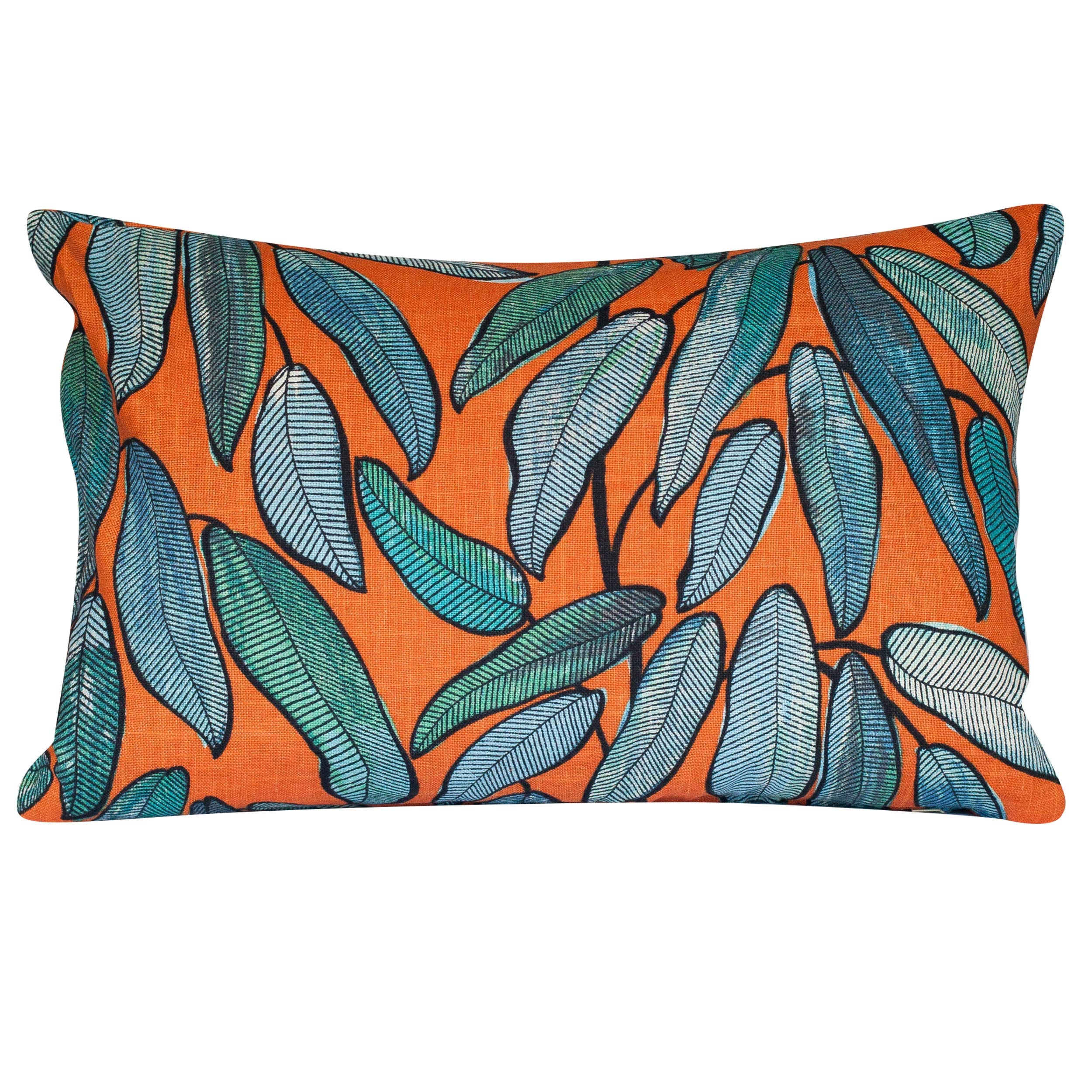 Linen Loft Orange Tropical Jungle Leaves Extra-Large Rectangular Cushion Cover. Linen Blend All Natural Fabric. 23X15". Exotic Petrol/Teal Blue, Jade Green, Tango Cover Only.