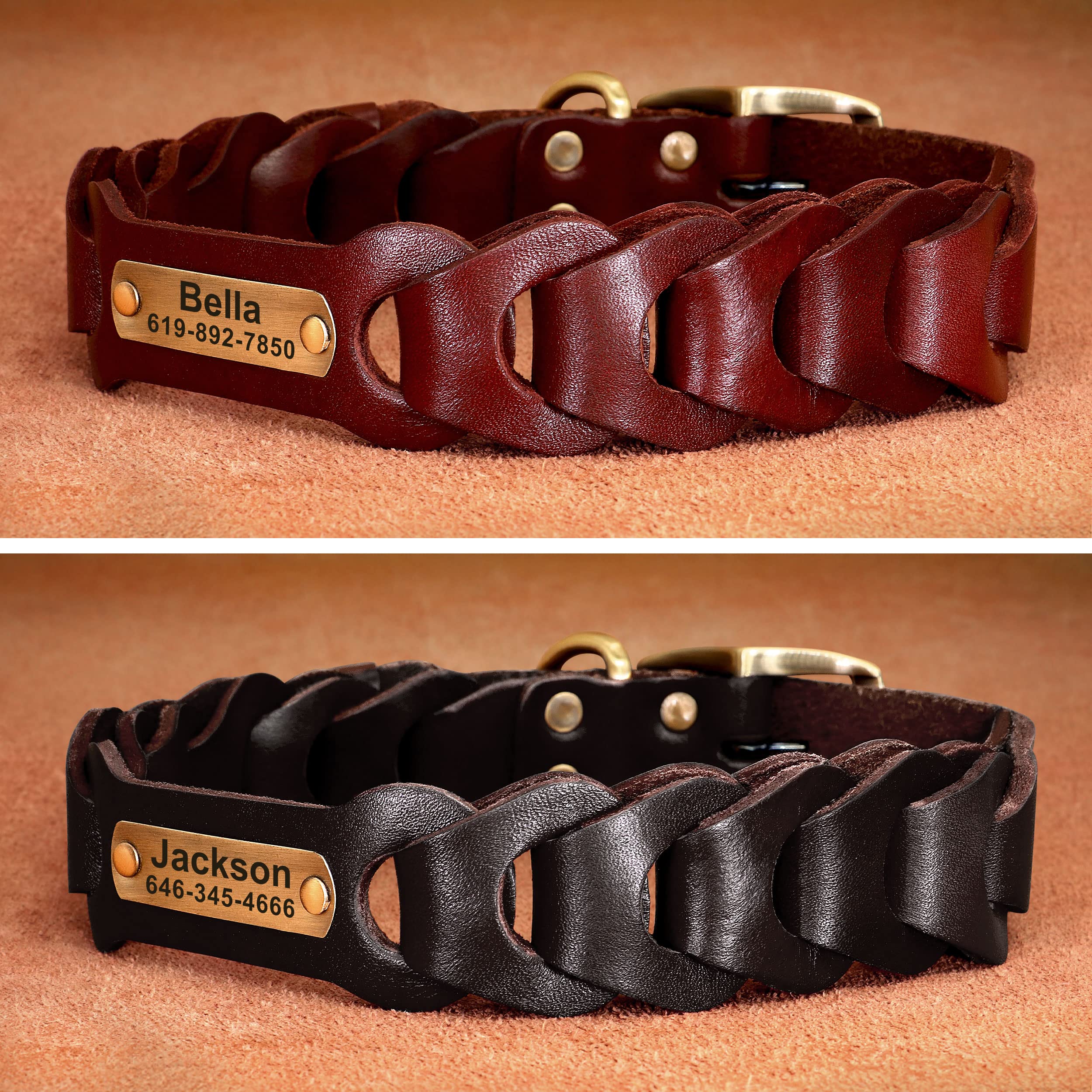 Didog Personalisiertes Hundehalsband Aus Echtem Leder – Geflochten, Mit Namensschild, Für Große Hunde, Braun, Größe L