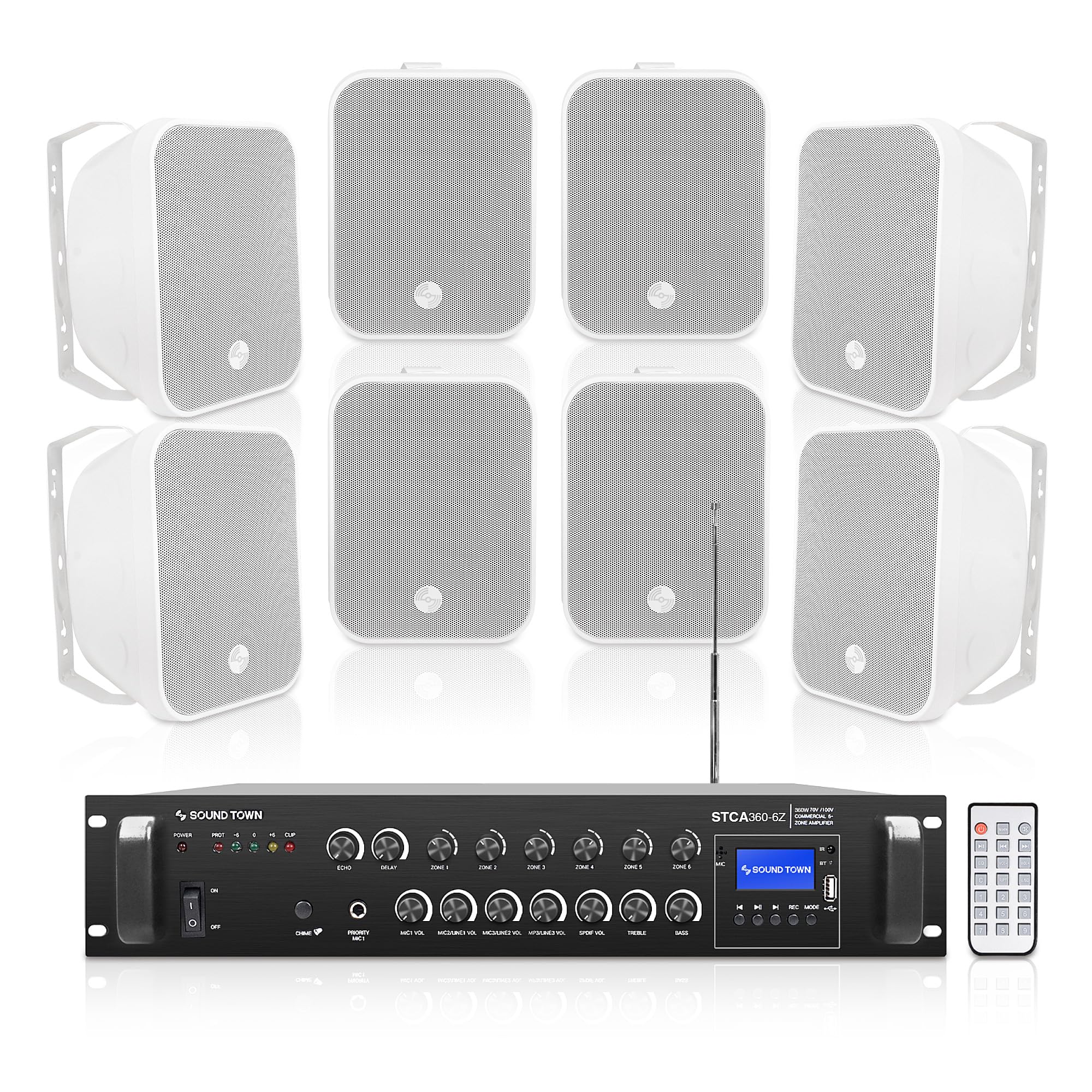 Sound Town Commercial Restaurant Bluetooth Amplifier + Surface-Mount Speaker Set, with One 6-Zone 70V/100V Amplifier with Bluetooth, 8 x 5.25-Inch Surface-Mount Speakers, White (STCA360X8MS5W)