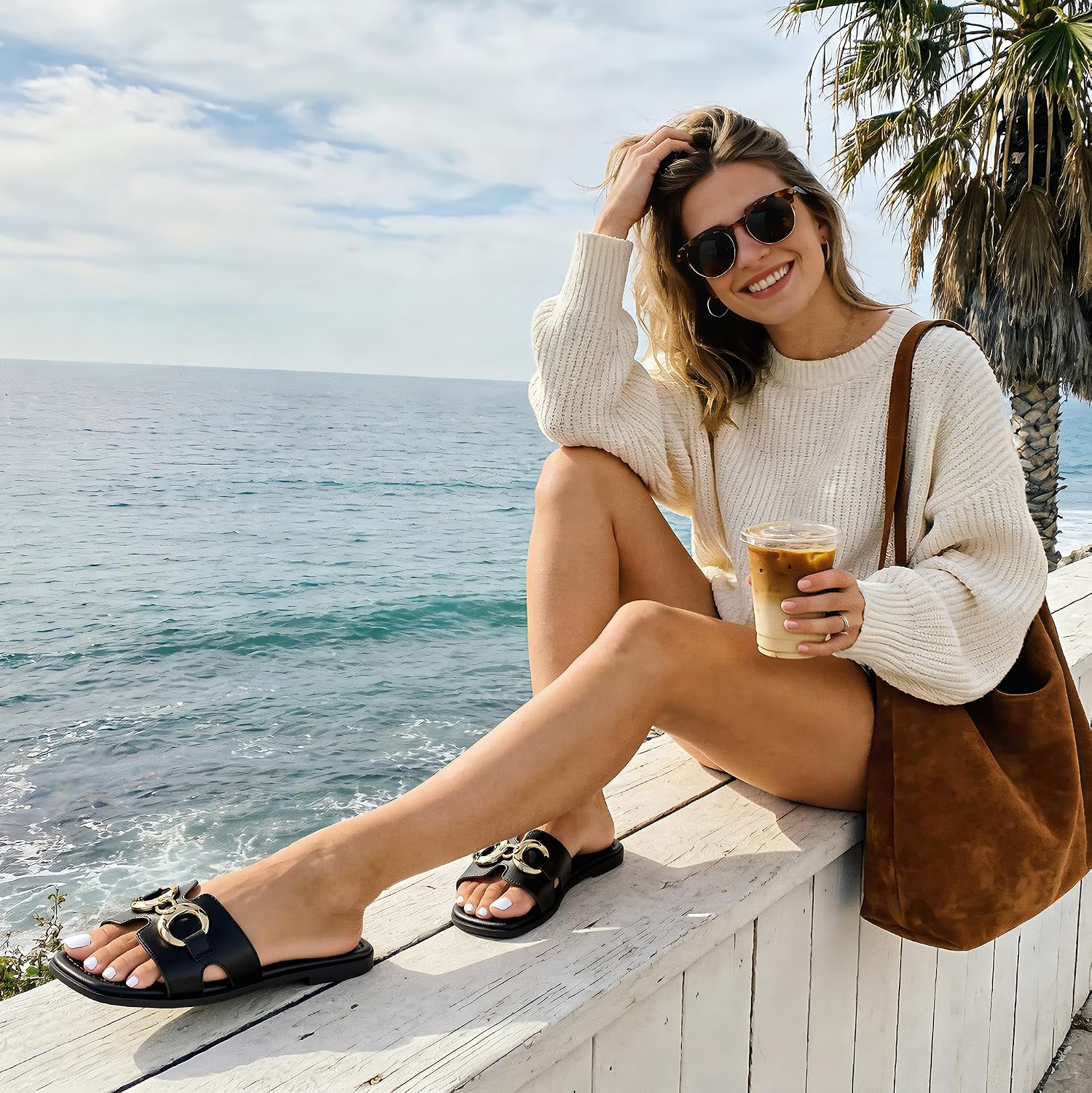 Women's Flat Sandals Metal Chain Slip On Dressy Slide Sandals Square Toe Summer Casual Beach Vacation H-Band Sandals