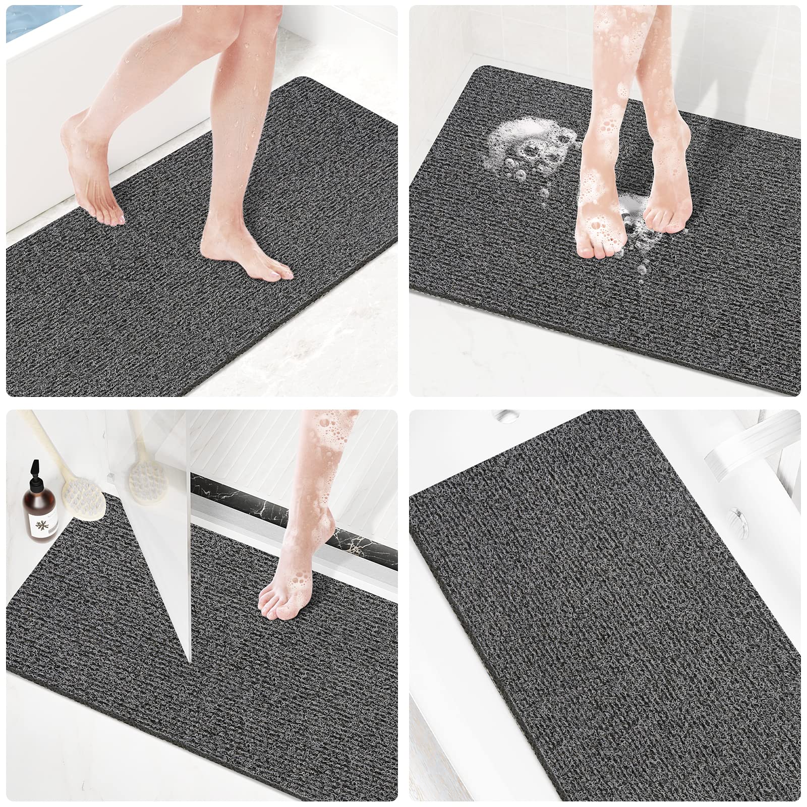 Tapete de ducha antideslizante, 32 x 24 pulgadas, tapete suave con drenaje, tapete de baño de esponja de PVC (sin ftalatos) para bañera y baño, secado rápido, negro