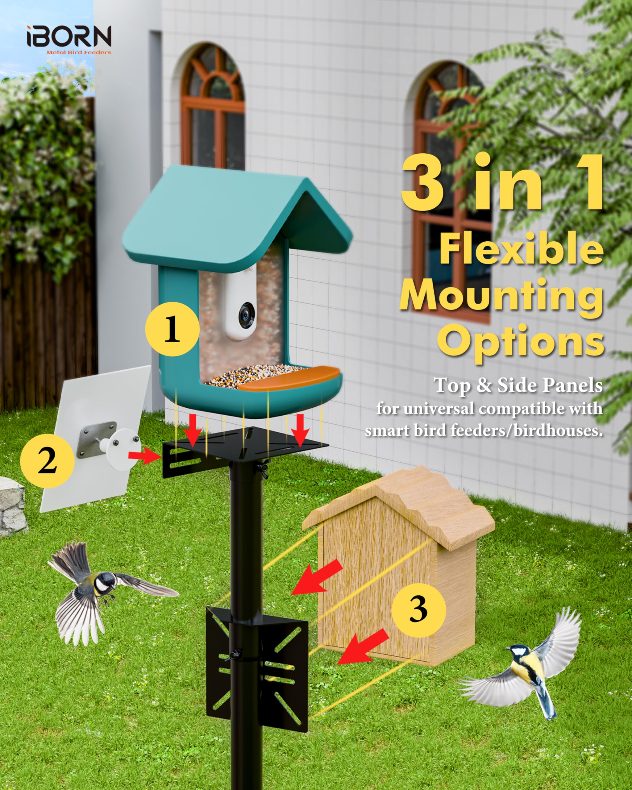 iBorn 3-in-1 Ständer mit Kamerahalterung für Vogelfutterspender – Stabiler Outdoor-Mast, höhenverstellbar bis 63 Zoll, universelle Halterung für intelligente Futterspender & Vogelhäuser