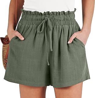 Linen Shorts for Women Summer Casual Wide Leg Loose High Waist Drawstrin...
