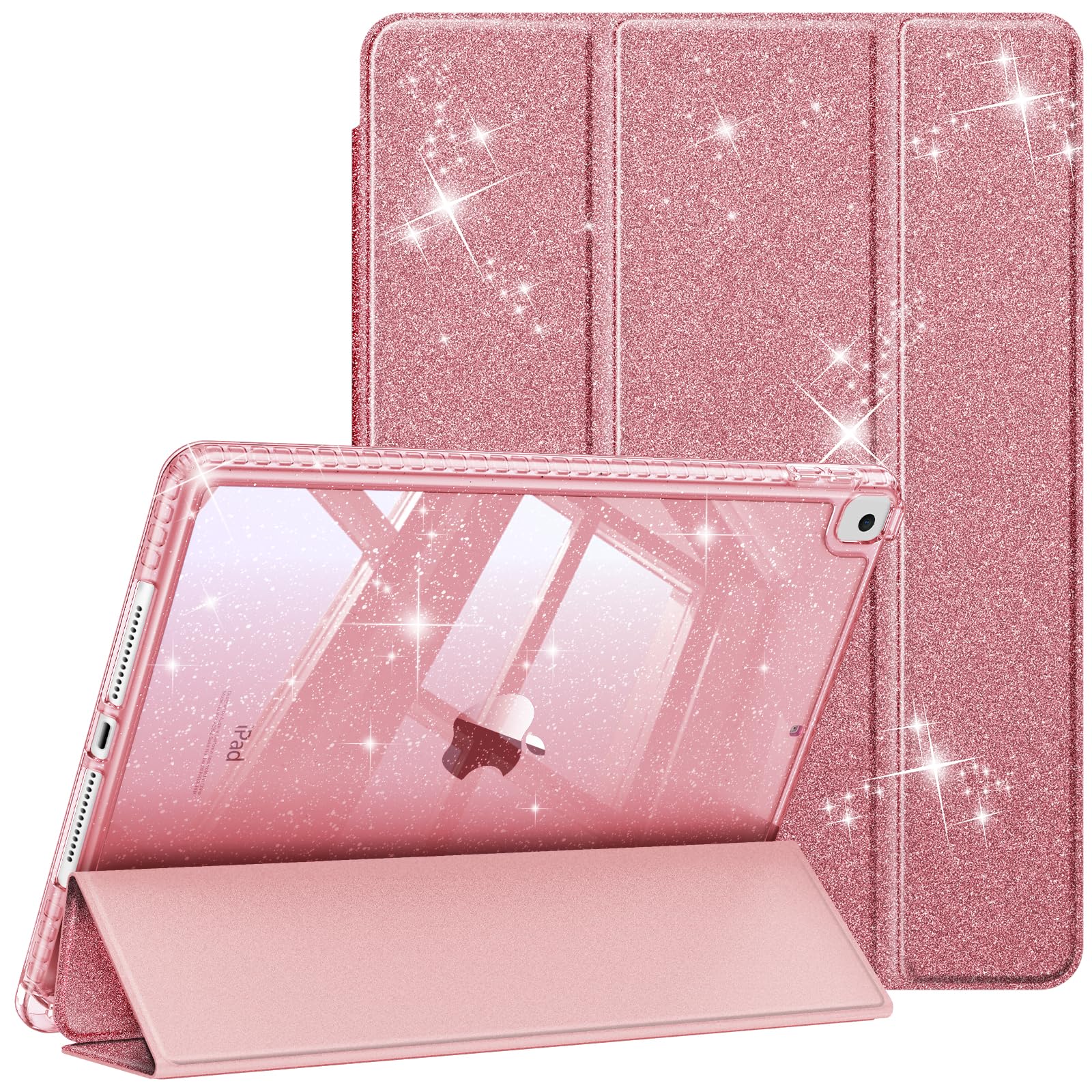 Fintie Glitzer Hülle für iPad 10.2 Zoll 9/8/7 Generation Case (2021/2020/2019 Modell)‌ – Transparente Glitzer-Schutzhülle mit Stifthalter, Stoßfest Glänzender Rückseite & Auto Sleep/Wake, Roségold