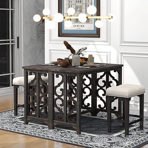 Miniatura 1 de MACHOME Juego de 3 piezas de mesa plegable de madera maciza de comedor retro con 2 taburetes de sillín para cocina, espacio pequeño, para estar,