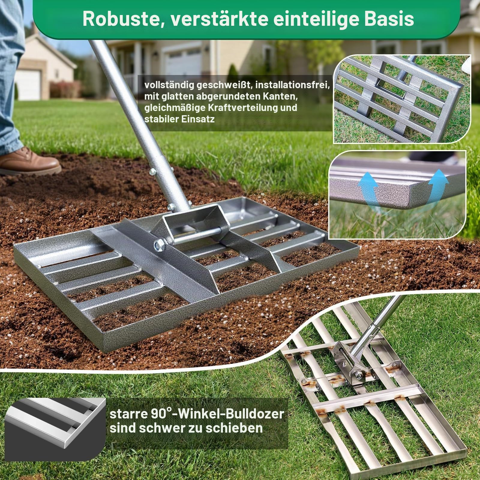 Funner Rasenrakel 76×26cm, Vollverschweißt Rasenrechen mit 182cm Stiel