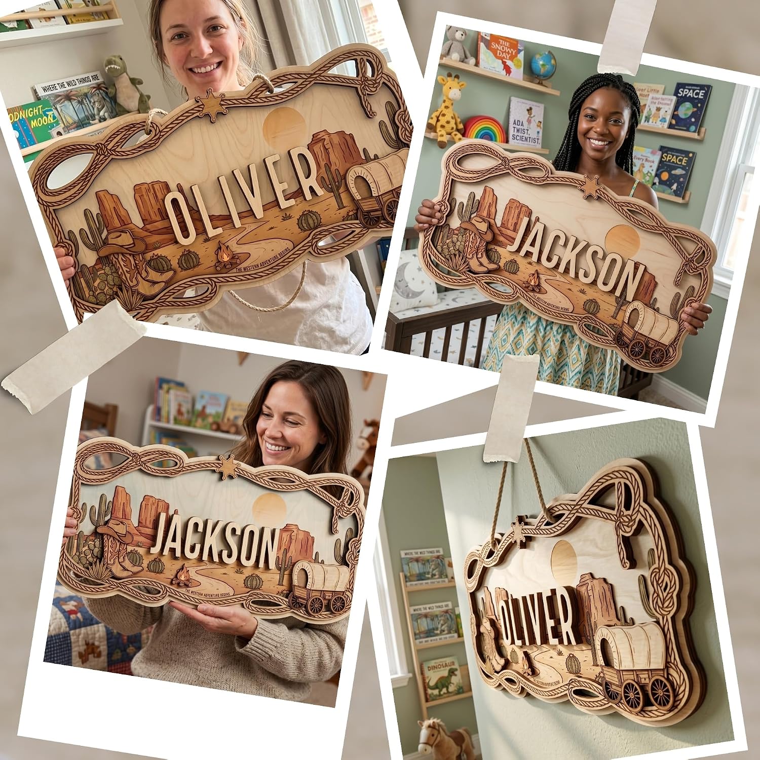 Custom Western Nursery Name Sign - Personalized Wooden Baby Name Sign with Cowboy Boots & Desert - 3D 2-Layer Birch Wood Wall Decor for Boy Room, Unique Wild West Gift
