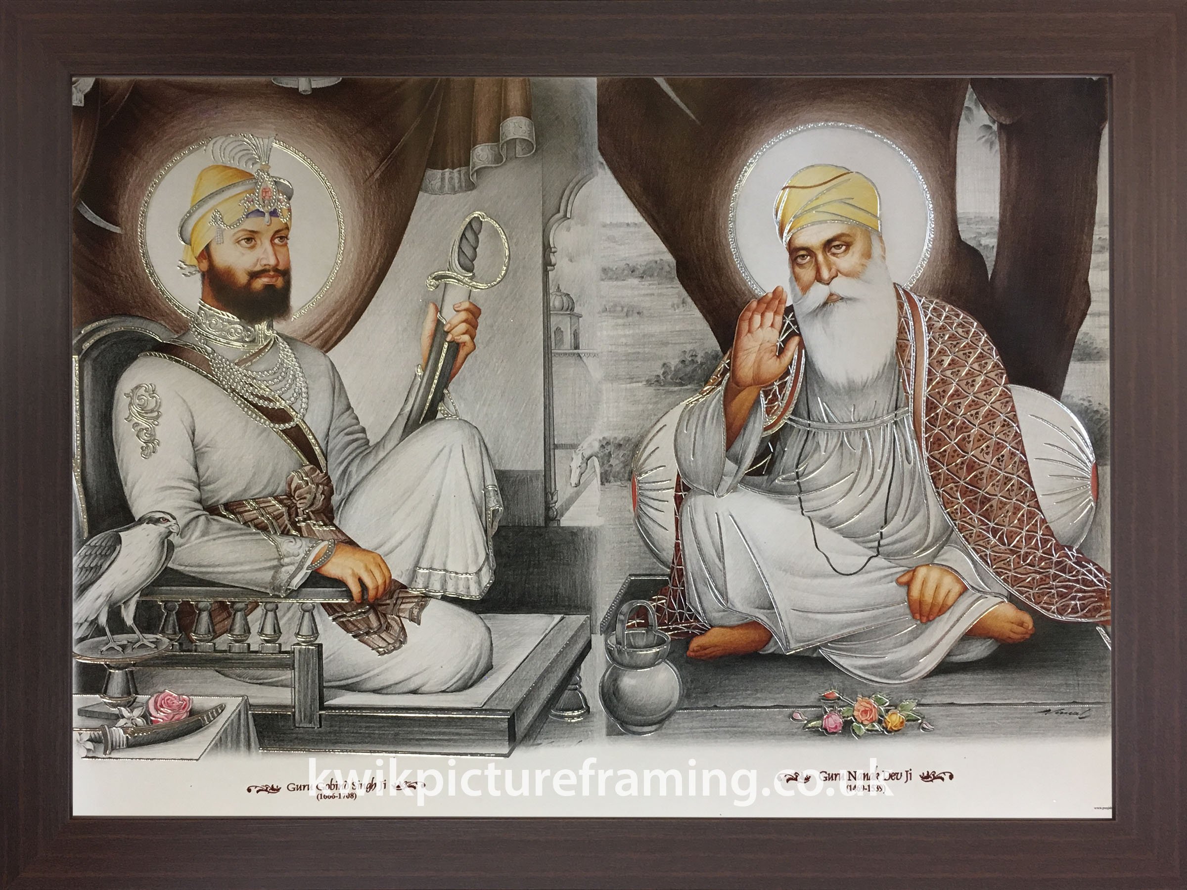 Kwik Picture Framing Ltd Mahogany Guru Nanak Dev Ji Picture Frame With Guru Gobind Singh Ji | 16 X 12 Inch Sikh Religious Wall Art Display | Rectangular Stand Or Wall Mount Frame | Made In Uk