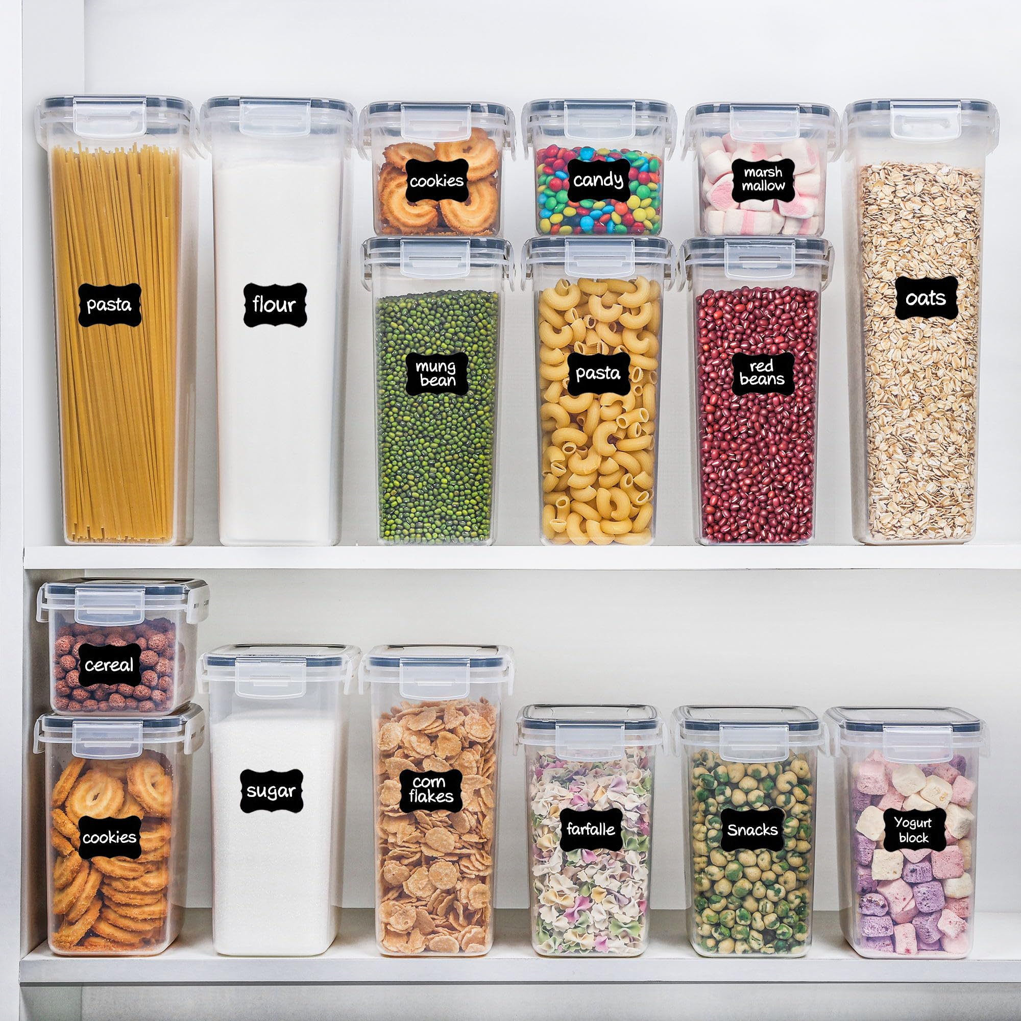 Vtopmart Set of 24 Airtight Food Storage Containers & Kitchen Storage Containers, BPA-Free Plastic Containers for Flour, Sugar and Baking Supplies, with 24 Labels (Black)