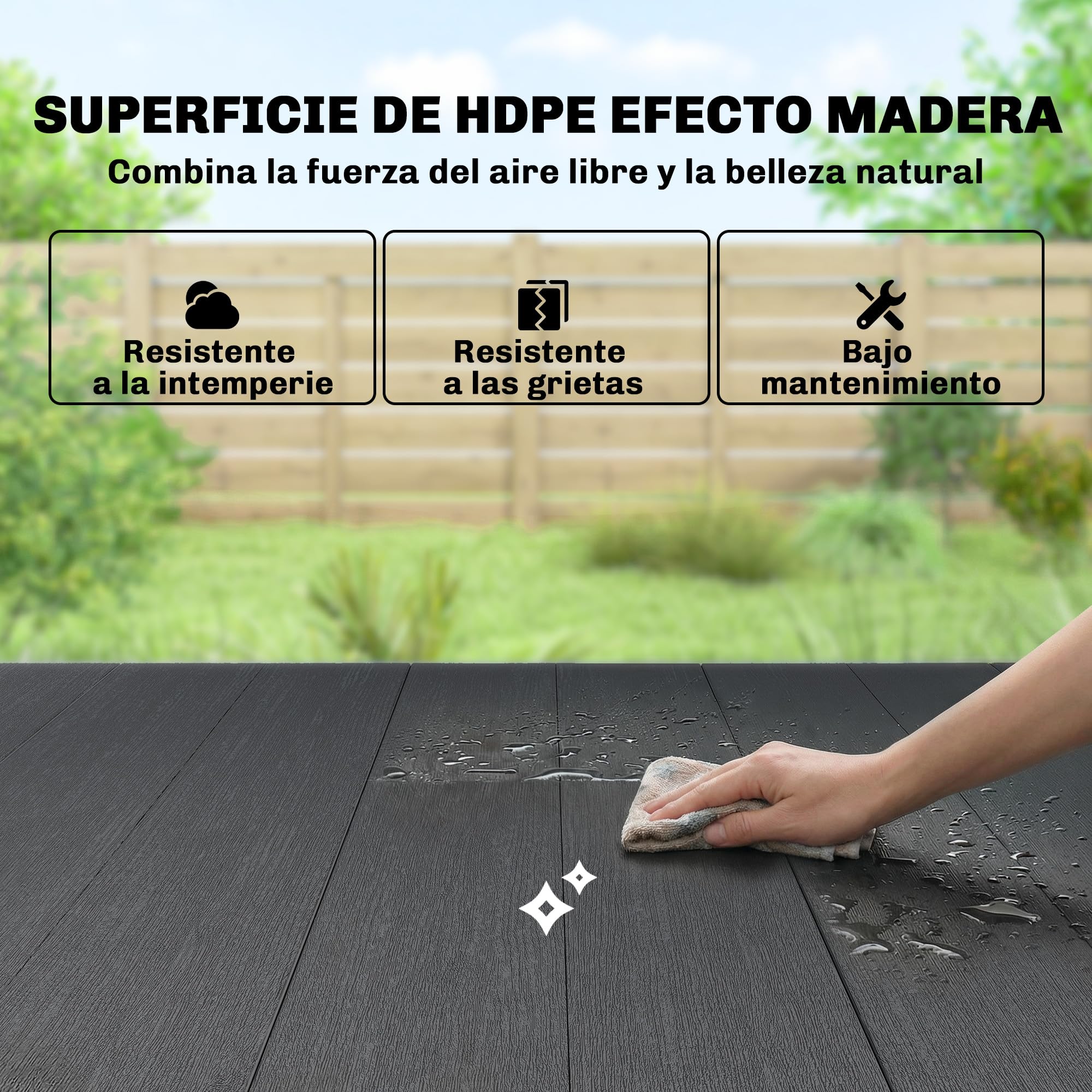 Outsunny Mesa de Comedor de Jardín Rectangular, Mesa de Terraza Exterior 150x90x74 cm, con Encimera de HDPE de Listones y Estructura Metálica, para 6 Personas, Carga 50 kg, para Patio, Balcón, Negro
