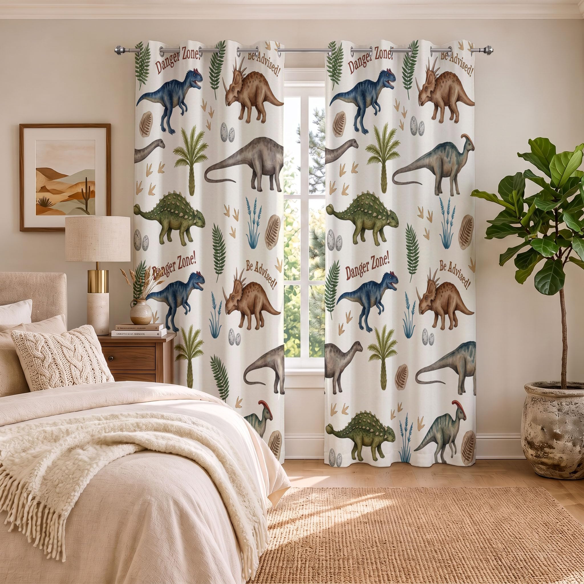 Dinosaure À L'Aquarelle Rideau - Thème Animalier Rideau Occultant Thermiques, L140×H240Cm (2 Panneaux) Rideaux À Oeillets pour Decoration Chambre Salon, Beige Marron