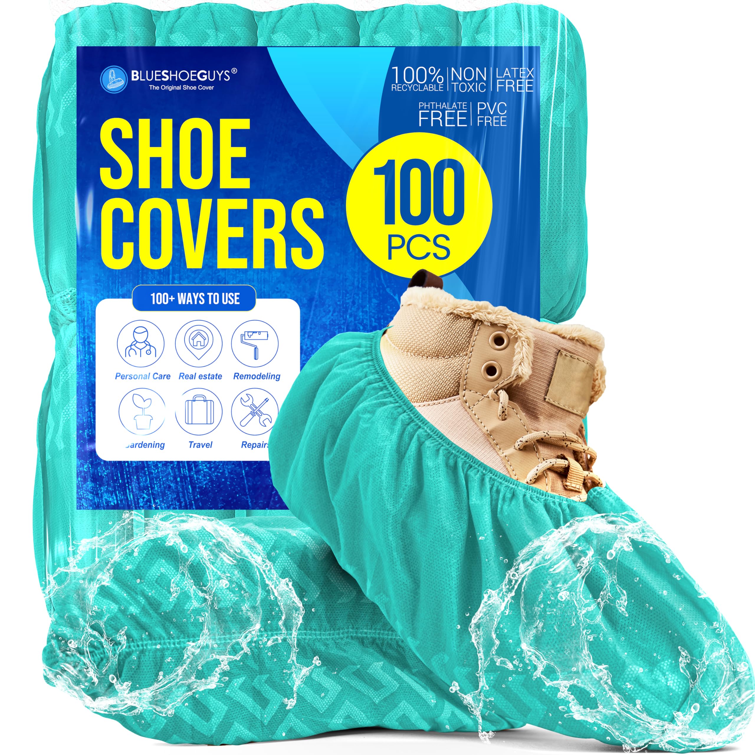 Premium Boot &amp; Shoe Covers Disposable Booties - 100 Pack - Durable, Non-Slip, Non-Toxic, Water Resistant, Recyclable Protectors for Indoor &amp; Outdoor - Large Size Fits Most Shoes