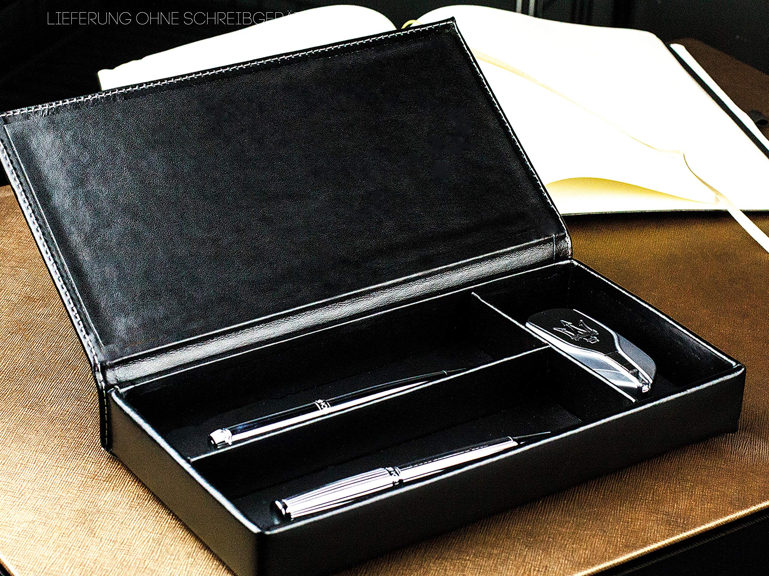 DELMON VARONE - Personalisierbarer Ablagekasten mit Deckel Premium Leder Cambridge schwarz - Stiftablage für Kugelschreiber, Füller & Schreibutensilien - Schreibgeräteetui mit 3 Fächer edel & elegant