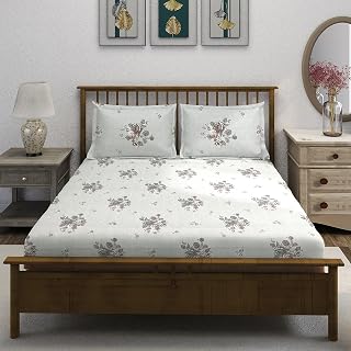 Swayam Pure Cotton King Fitted Bedsheet with 2 Pillow Covers | 210 TC Soft Breathable Bed Sheet | Floral Printed | Size 72 x 78 x 10 inch | Comfortable & Durable for Bedroom - Beige & Grey