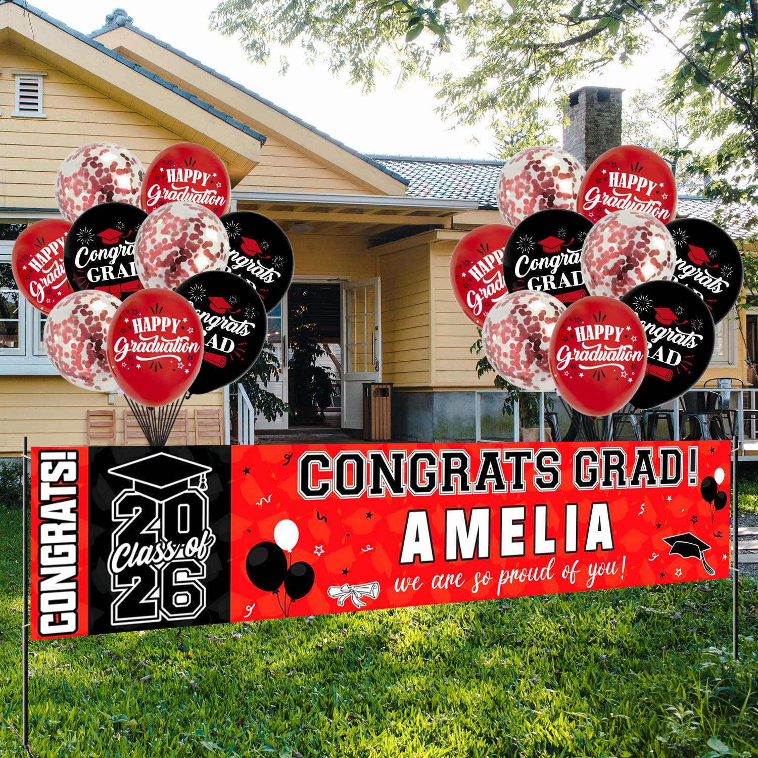 NUTTYBASH Graduation Party Decorations, Red Personalized Class of 2026 Graduation Banner with 78 Alphabet Stickers and Balloons, Congrats Banner for