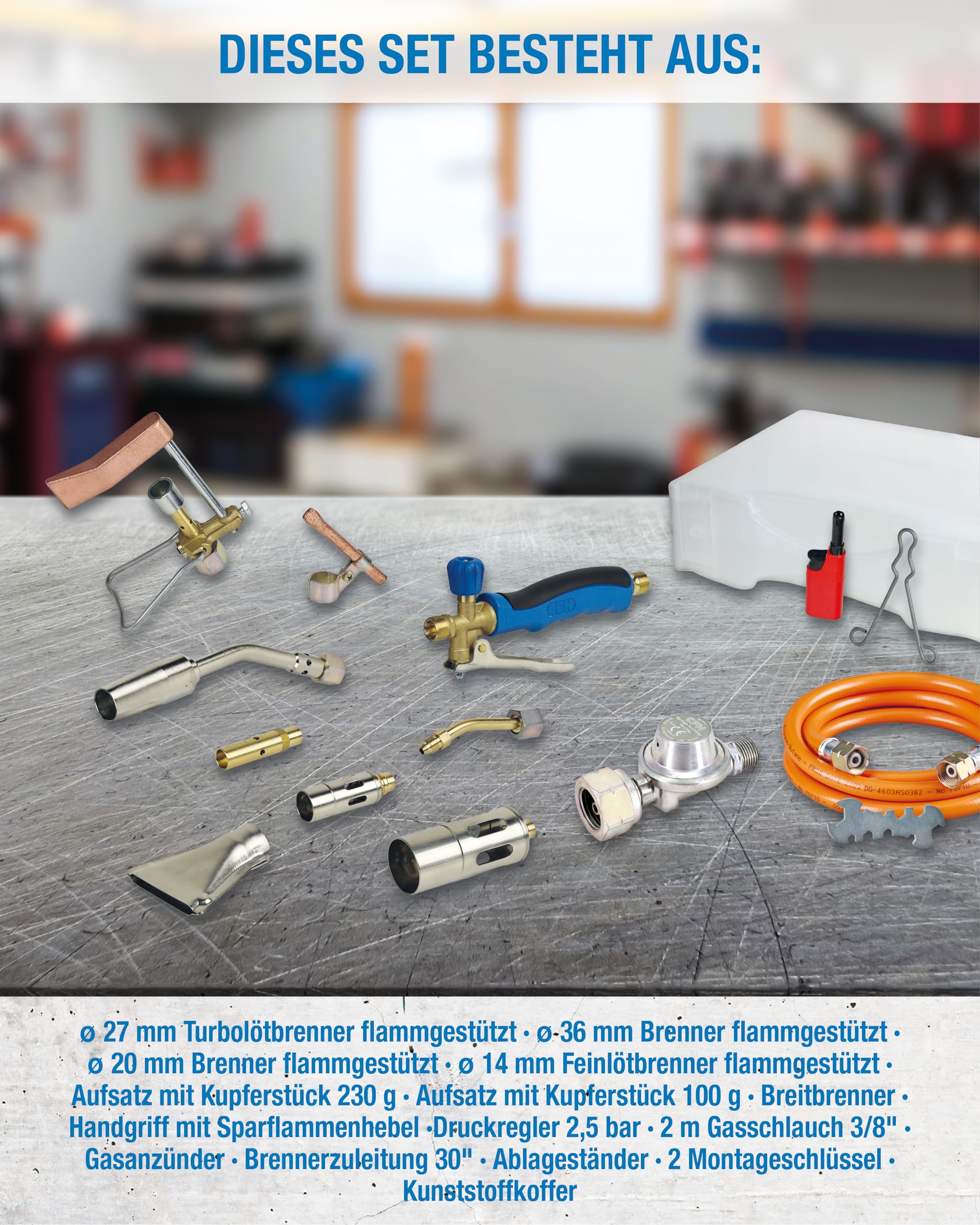 CFH Lötkoffer Turbo Lötprofi LK 2000 - 16-teiliges Lötset zum Hartlöten mit Gas Lötbrenner und Löt Zubehör, Umfangreiches Lötkolben Set im Kunststoffkoffer