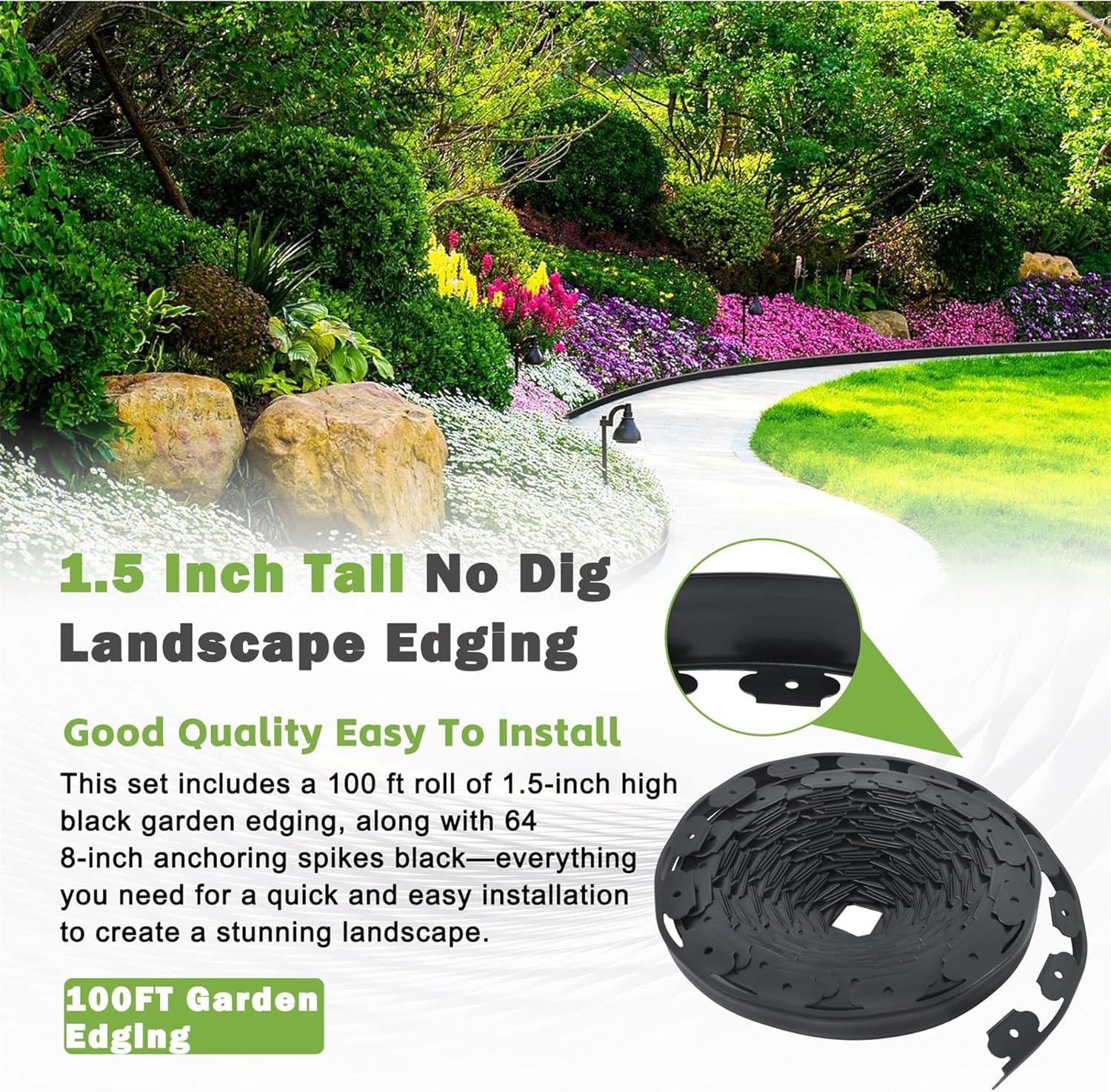 HOSTIC No-Dig Lawn Edgings Kit with 64 8in Anchor Spikes, 1.5in Tall, 100 Feet Long, Black for Outdoor Garden Edging