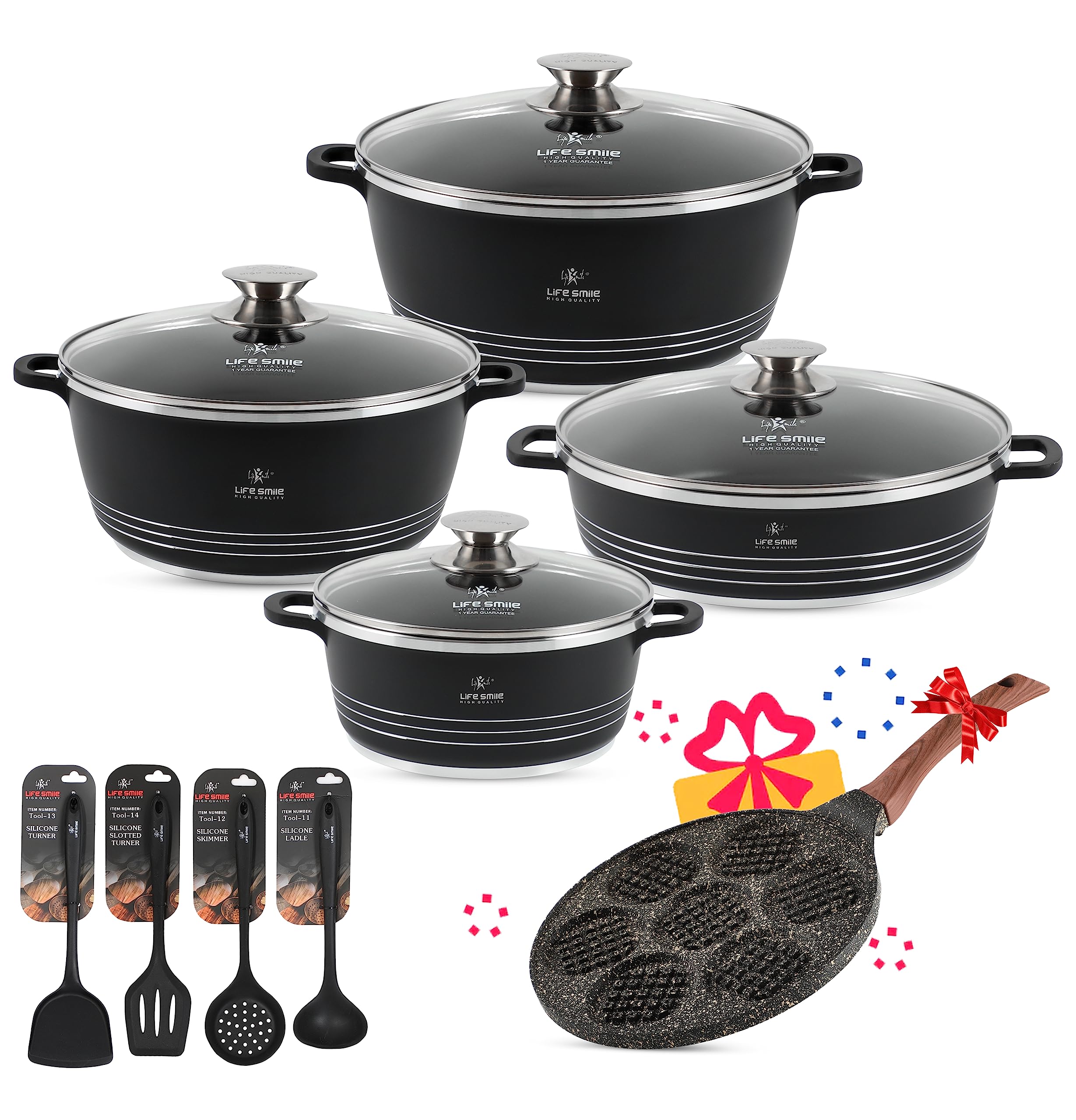 Cookware Set Ceramic non toxic - LIFE SMILE Pots and Pans set Multi Layer Non Stick Coating Cookware Sets 100% PFOA FREE, Kitchenware Cooking Sets with Frying Pans (13 Pieces, Ceramic)