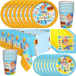 Treasures Gifted Blippi Birthday Party Supplies - Serves 24 Guests - Dinnerware Deluxe Set - Blippi Party Supplies Including Blippi Tablecloth, Blippi Cups, Blippi Plates & Blippi Napkins