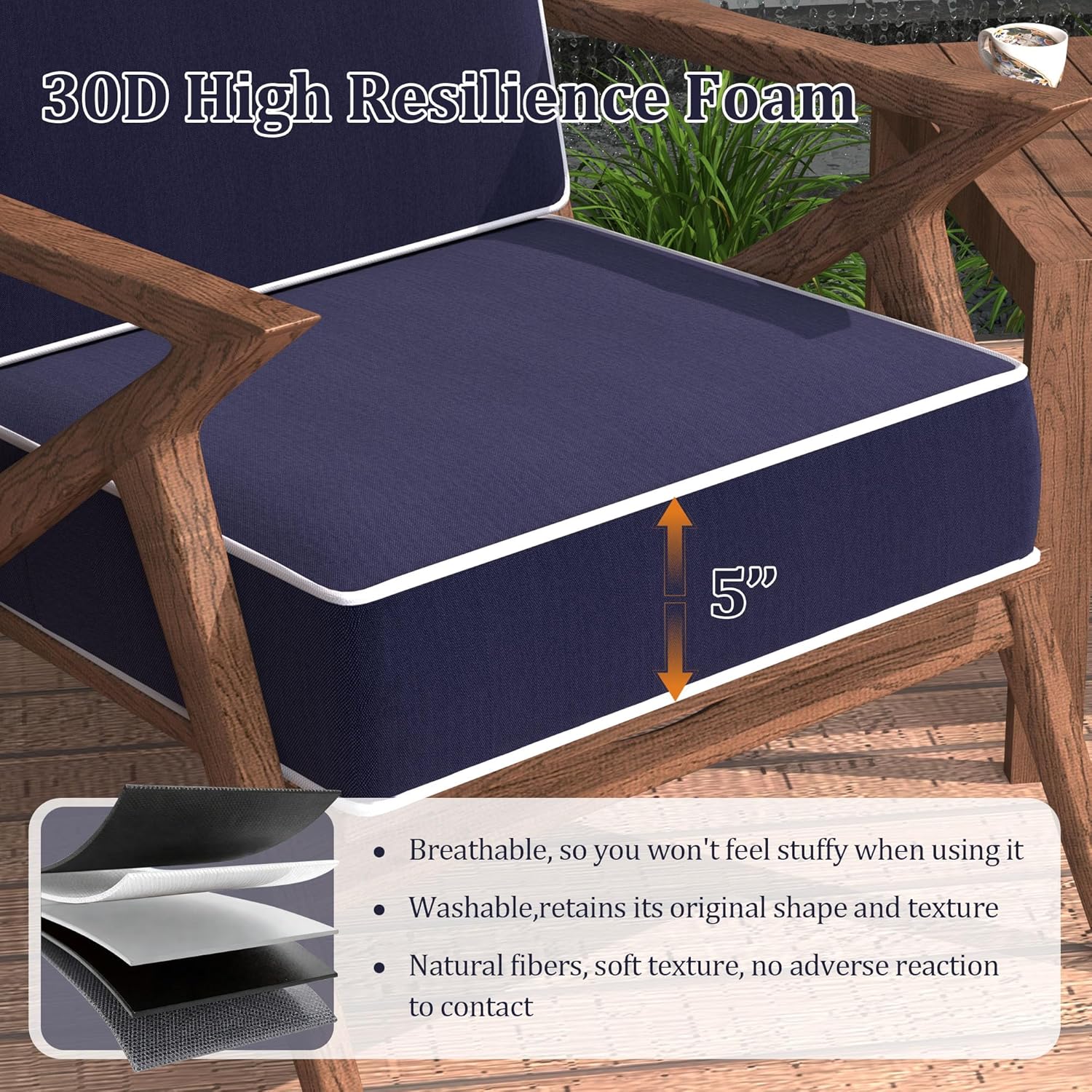 5" Thick Outdoor Chair Cushions Set of 2 - 24x24 Inch Patio Chair Cushion for Outdoor Furniture w/Fade-Resistant Removable Cover Waterproof Deep Seat Patio Cushions w/Straps Handle for Sofa, Navy Blue