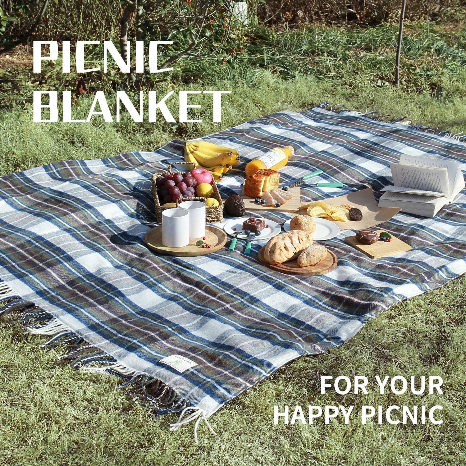 G GOOD GAIN Waterproof Picnic Blankets- Extra Large Outdoor Blanket Foldable, Beach Blanket with PU Handles, Sand-Proof Picnic Mat for Hiking, Camping, Lawn, Park, Grass. Blue Check