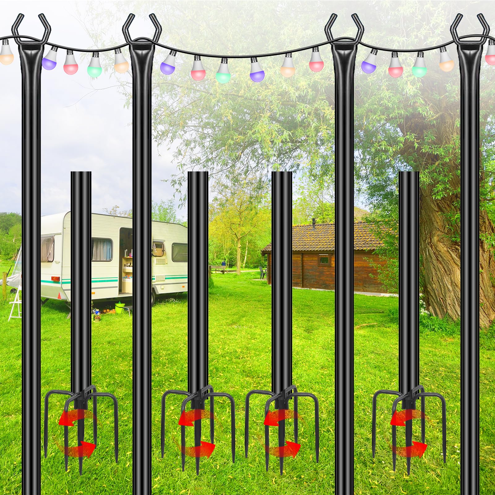 String Light Poles 4 Pack,10FT Metal String Light Poles for Outside, Adjustable Outdoor Poles for Patio, Deck, Garden, Wedding, Backyard, Christmas Party Decor, Sturdy with Hooks