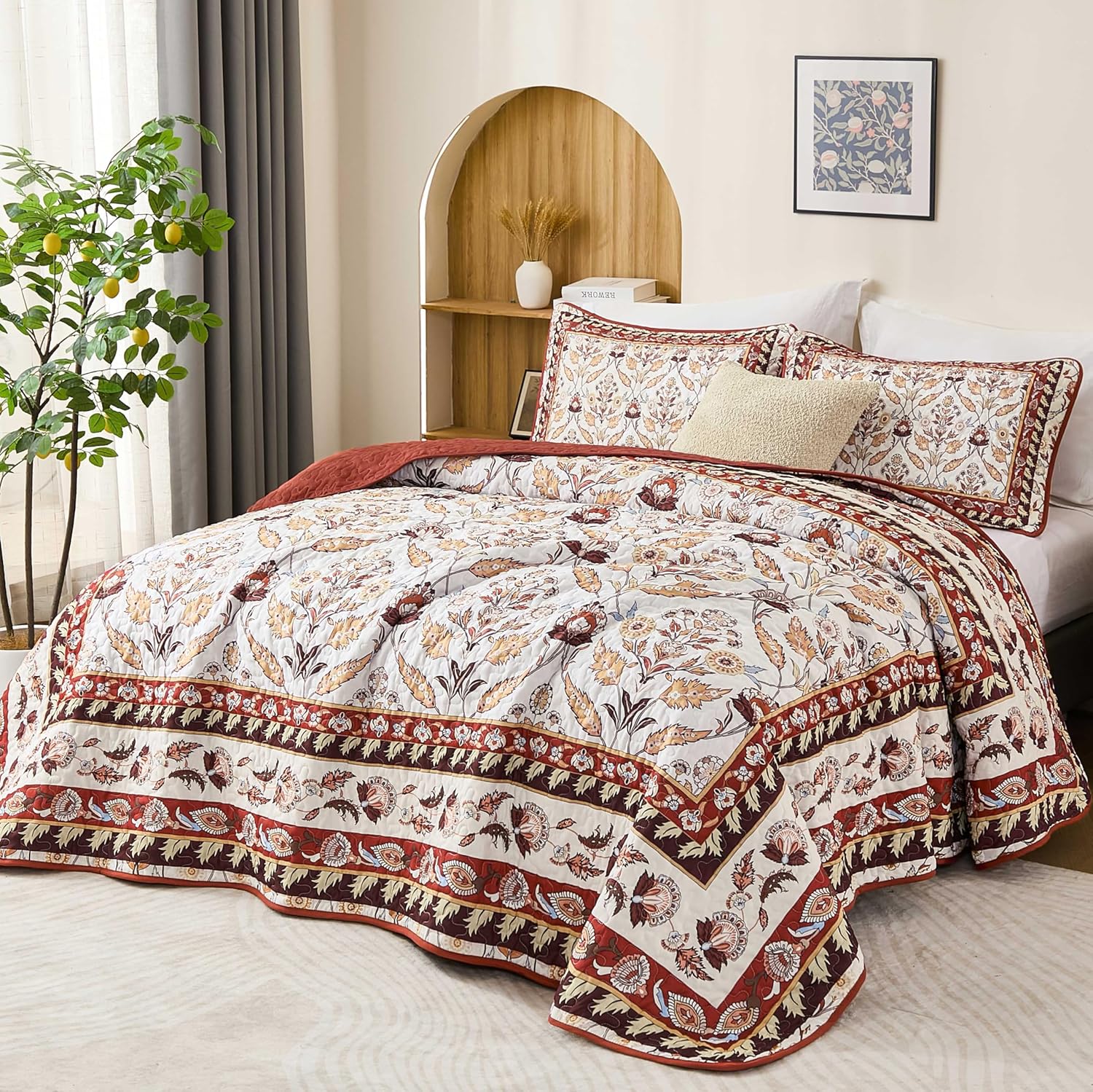DJY King Size Quilt Sets, Burgundy Floral Quilt Set King 3 Pieces Red Boho Bedspread Coverlet Set with 2 Pillowcases Soft Lightweight Microfiber Bedding for All Season (104"x90") - Image 2