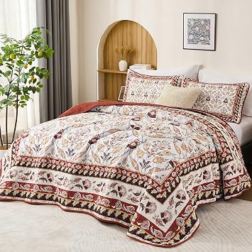 DJY Queen Size Quilt Sets, Burgundy Floral Quilt Set Queen 3 Pieces Red Boho Bedspread Coverlet Set with 2 Pillowcases Soft Lightweight Microfiber Bedding for All Season 96"x90"