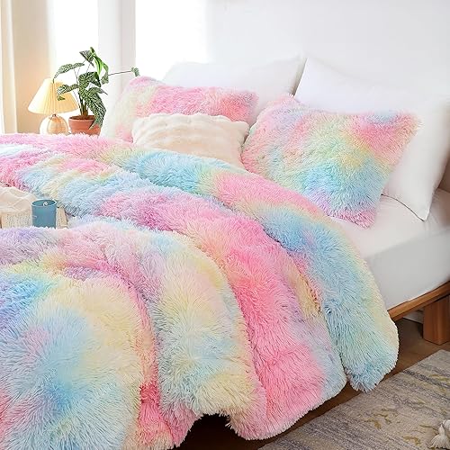 Miniatura 3 de JANZAA Juego de edredón de pelo sintético tamaño King, edredón de felpa teñido anudado colorido edredón rosa de 3 piezas con 2 fundas de almohada de