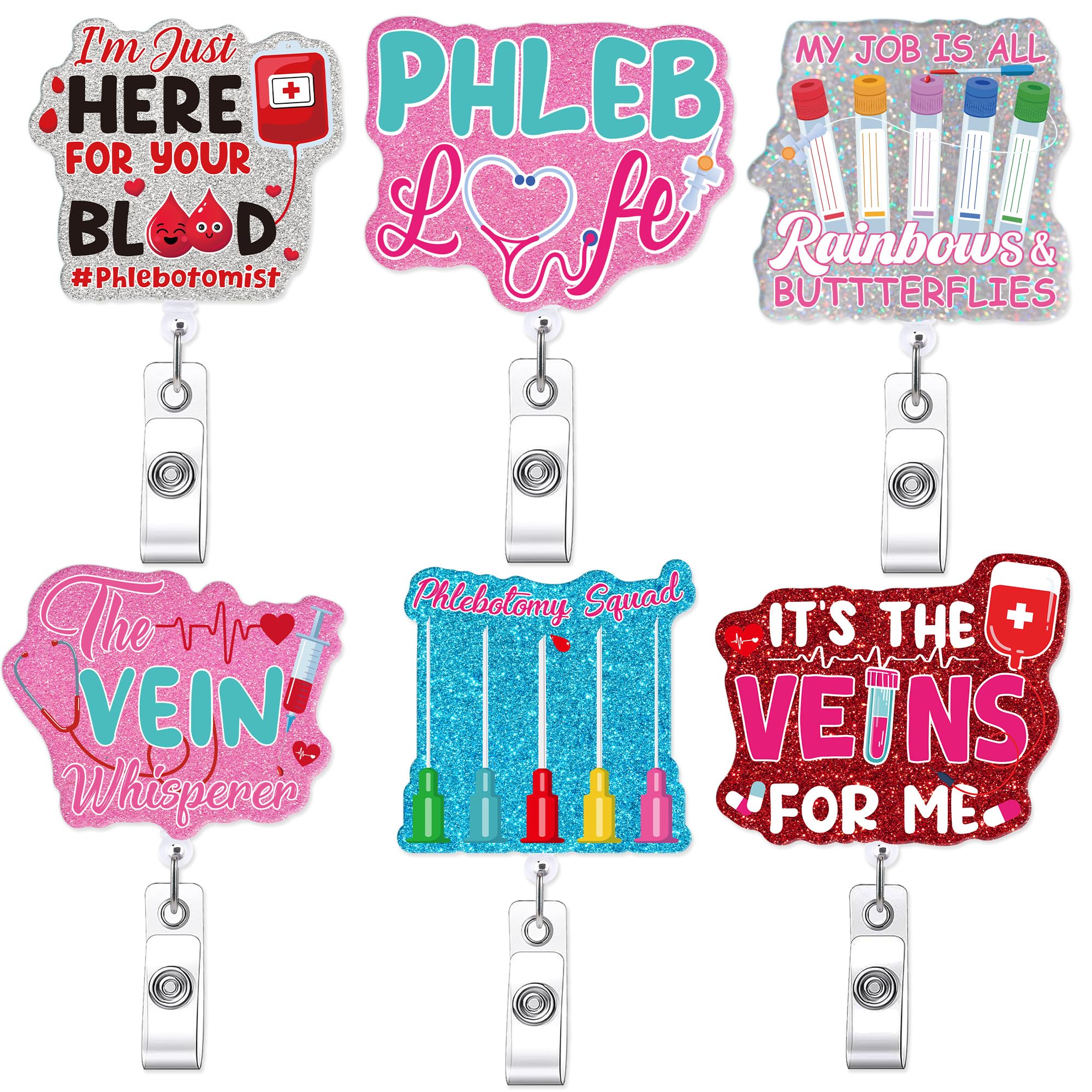 6 Pcs Phlebotomy Badge Reels, Retractable Funny Pink Glitter ID Badge Holder with Metal Clip, Phlebotomy Essentials and Phlebotomist Gifts