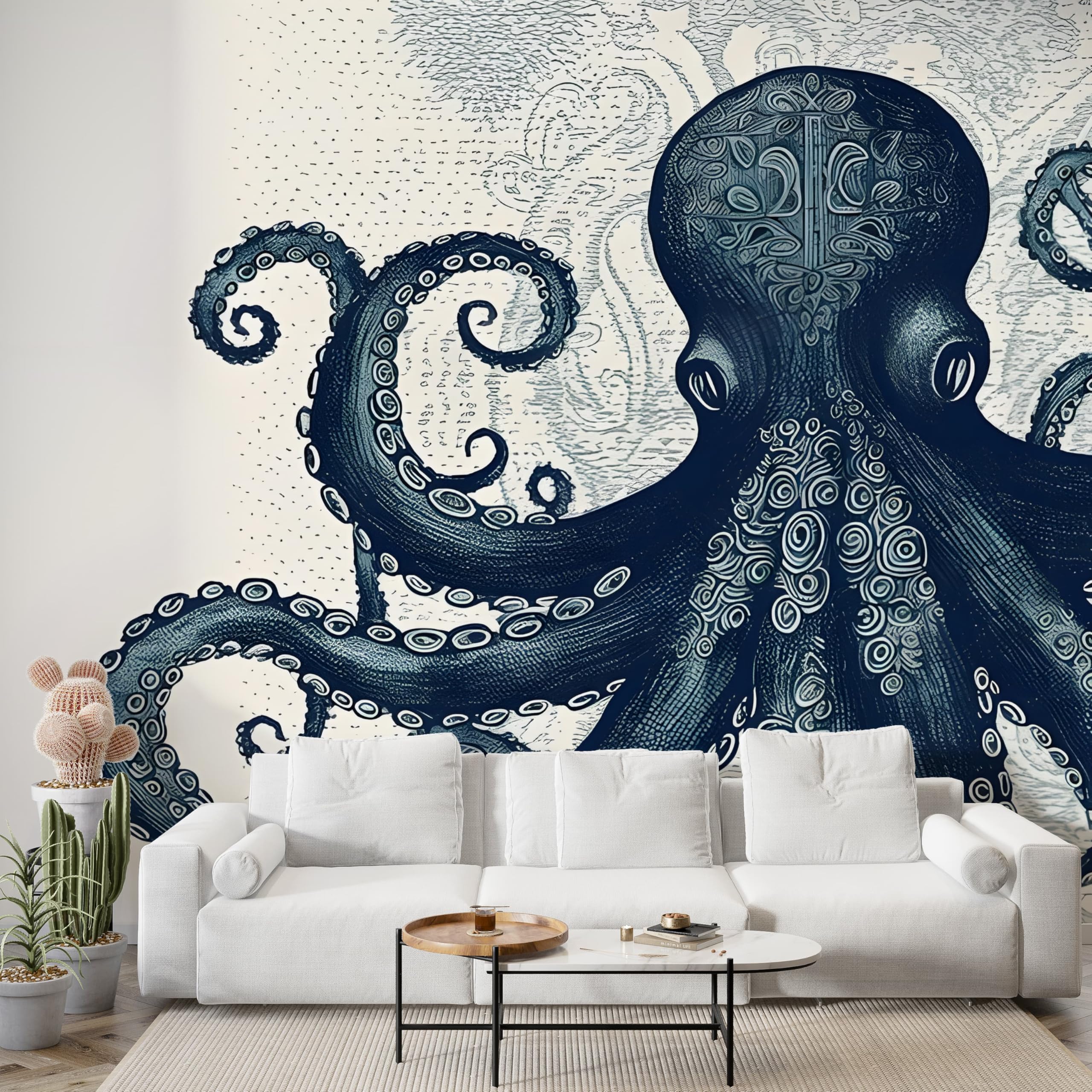 Papier Peint Panoramique Pieuvre Tentacule - Papier Peint Intissé Autocollant - Rétro Animaux Marins Décoration Murale - Adhésif Mural pour Salon Chambre, 400x280 cm - S-1030