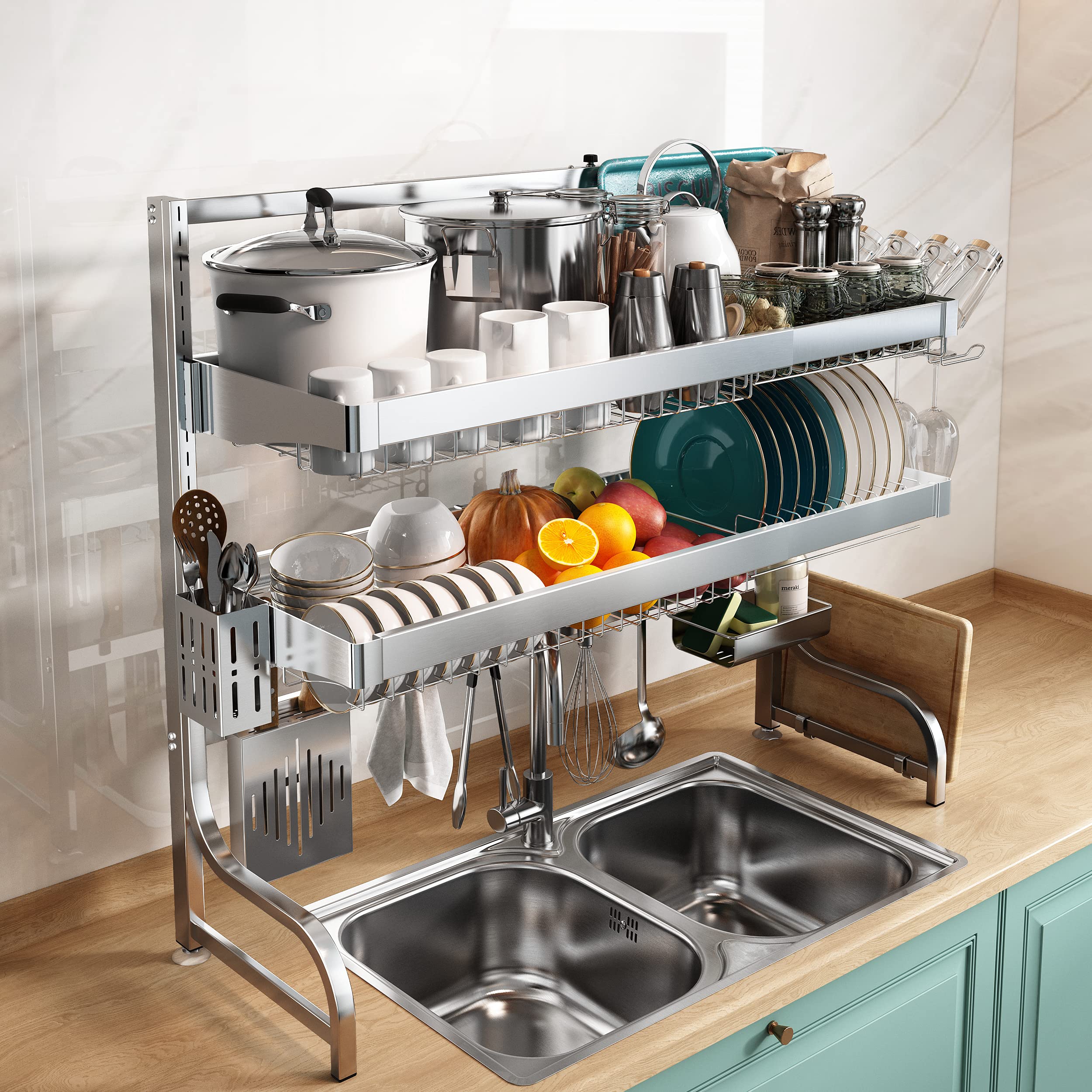 Over Sink Dish Drying Rack Adjustable Full 304 Stainless Steel 3 Tier Extra Large Storage Dish Drainer for Kitchen Sink Expandable with 10 Hooks(Sliver, 25.6"-35.5")