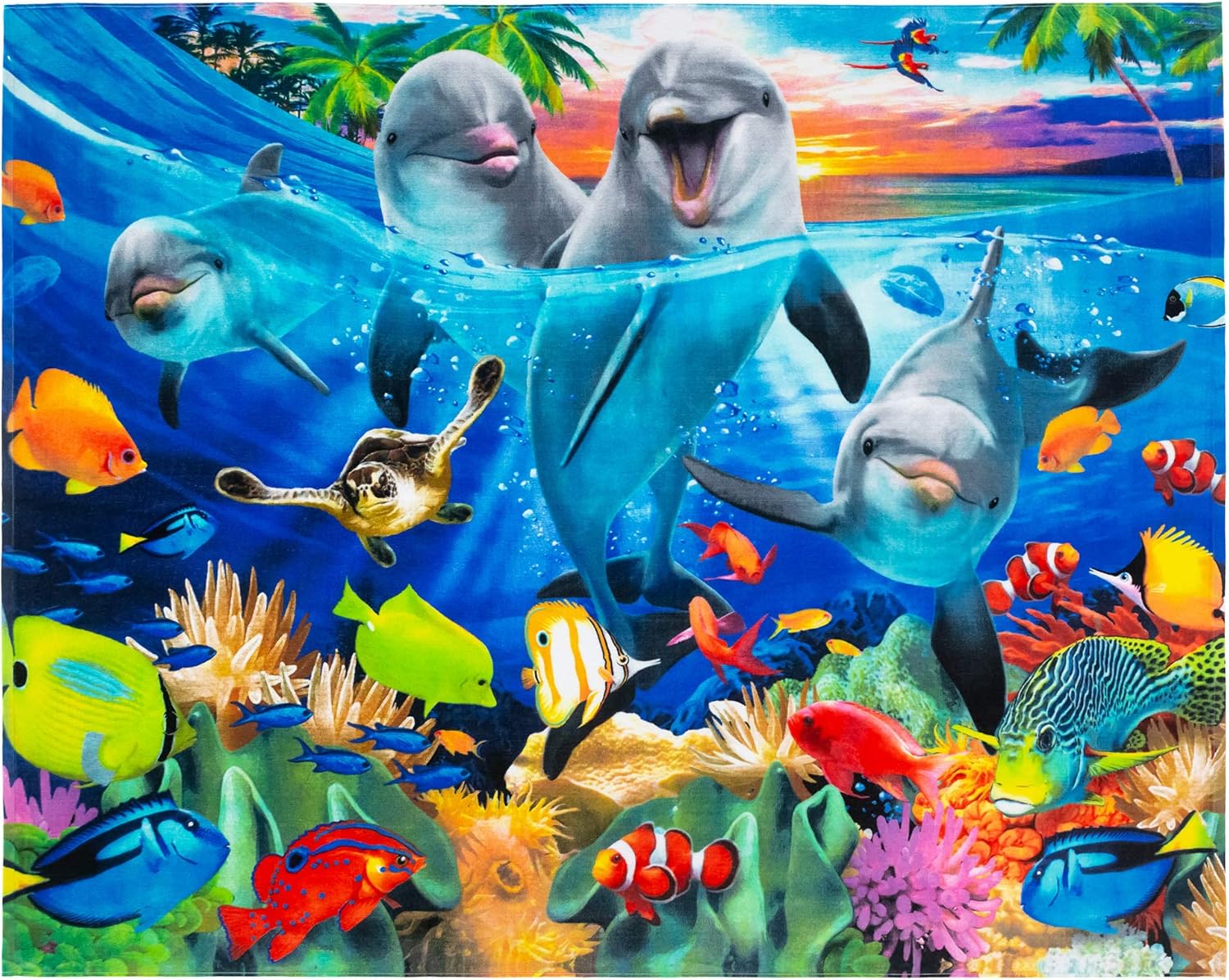 Playful Dolphins Beach Blanket 54 x 68 inch Beach Towel Coral Reef with Clown Fish 100% Cotton Family Size