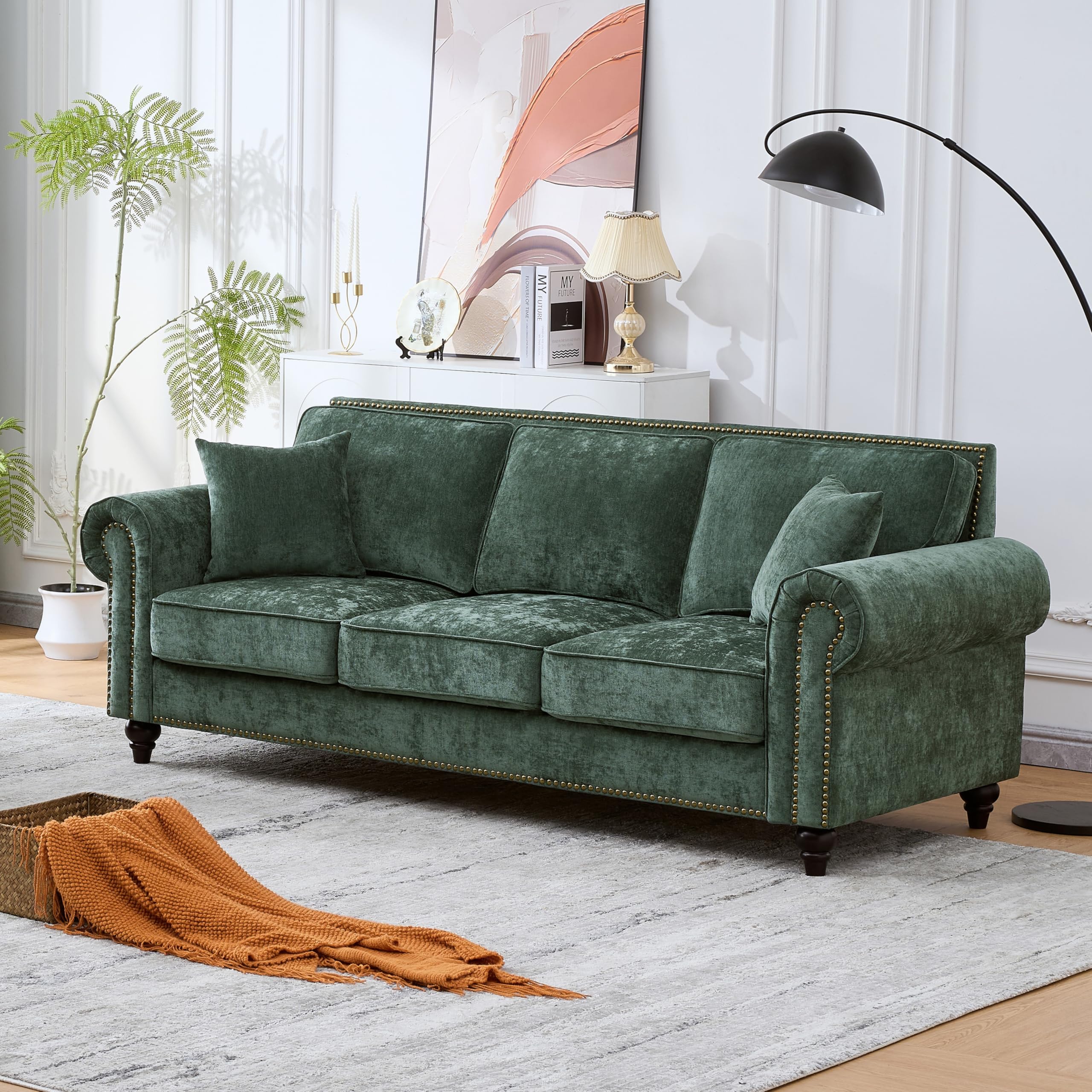 Classic green chenille Chesterfield-style sofa alternative