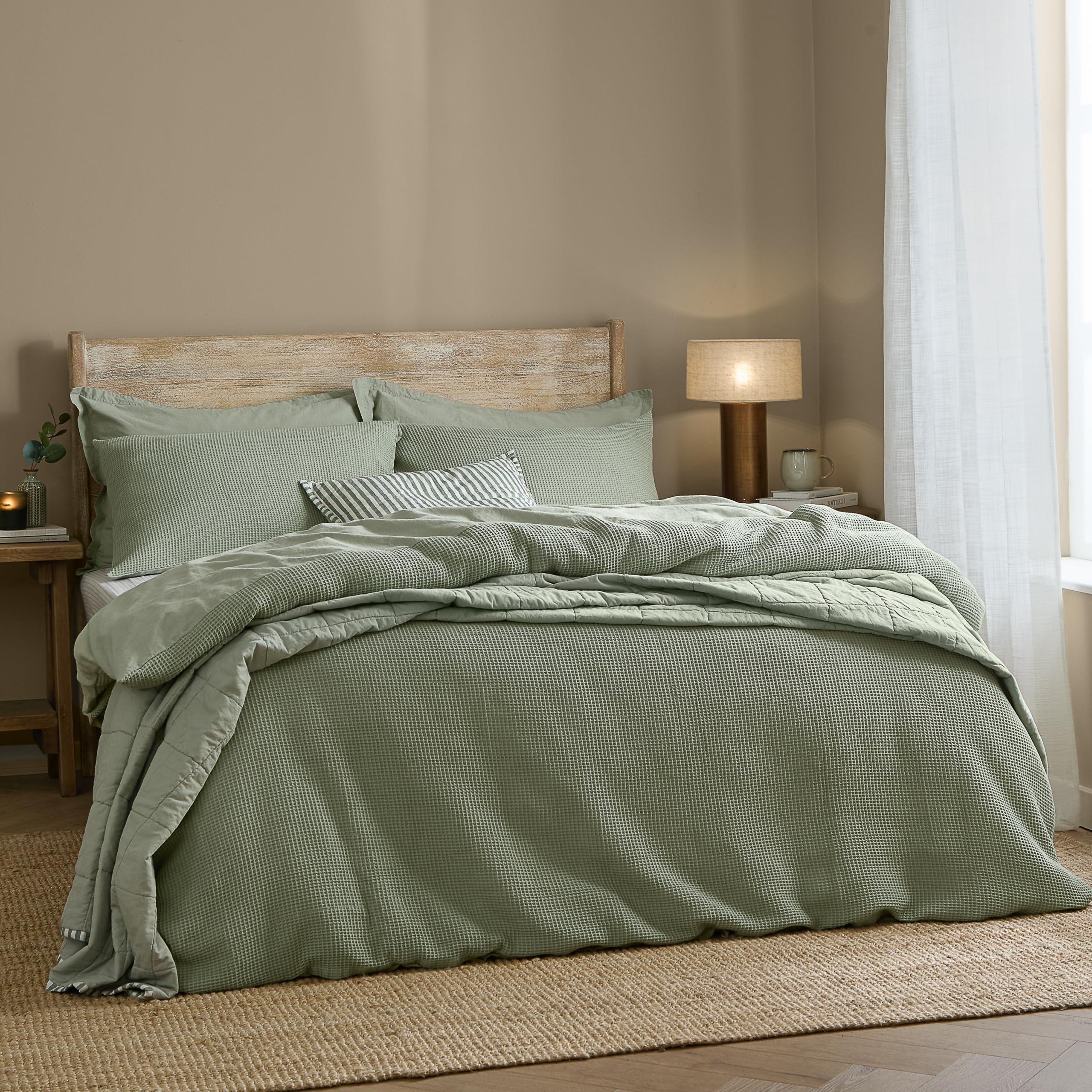 Yard furn Hebden Waffle Duvet Cover Set – Soft Relaxed Cotton Textured Bedding Set (Bay Green – Super King)