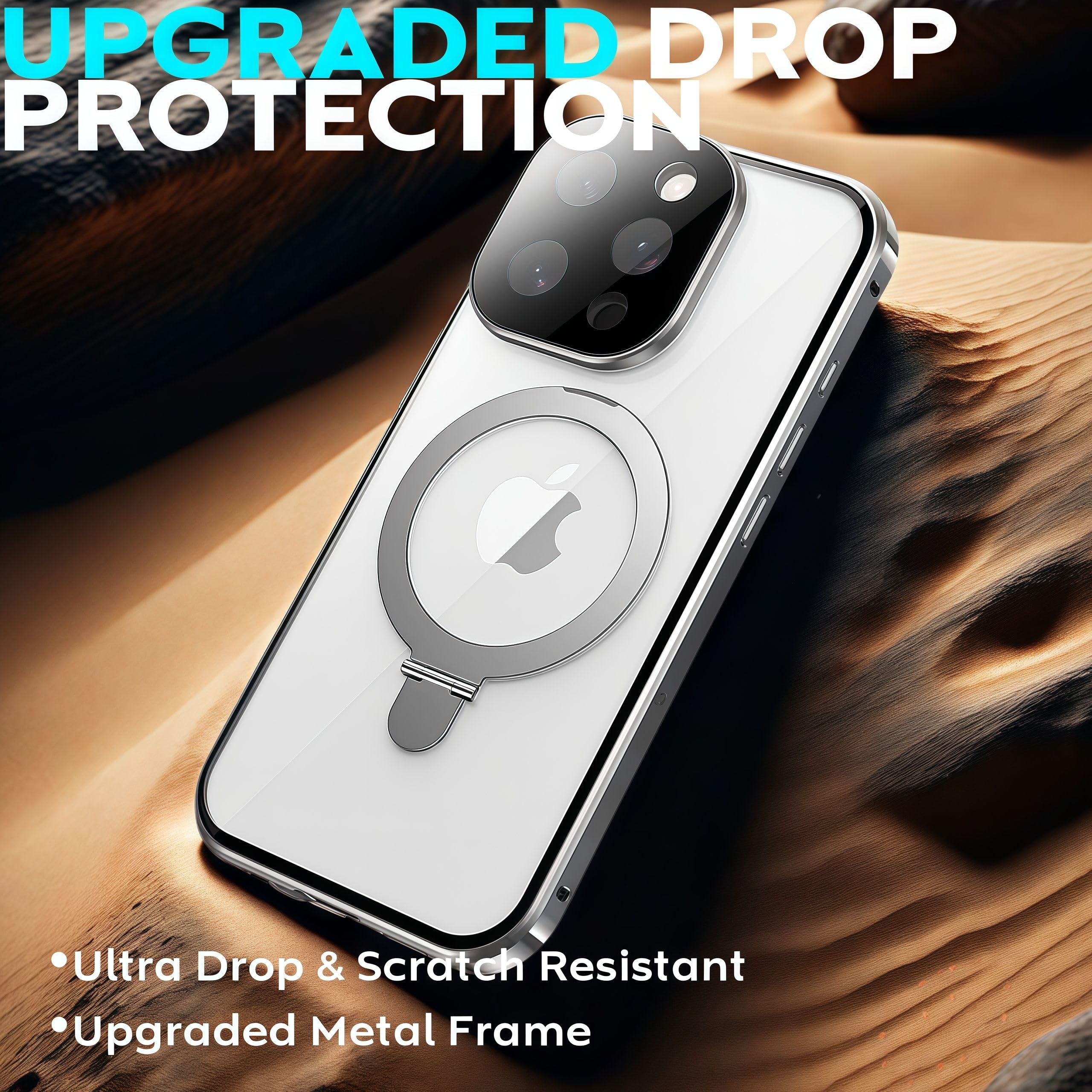 Funda MagSafe para iPhone 15, protector de pantalla integrado y protector de lente, soporte de anillo magnético, marco de metal a prueba de golpes de grado mil. Anti-amarillo, soporte,