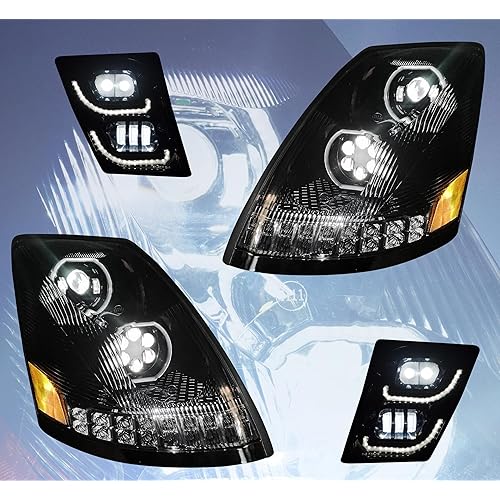 QSC Truck Parts Full LED Performance Black Headlights w/Sequential Turn Signals + LED Fog Light LH RH Set Compatible with Volvo VNL 04-17