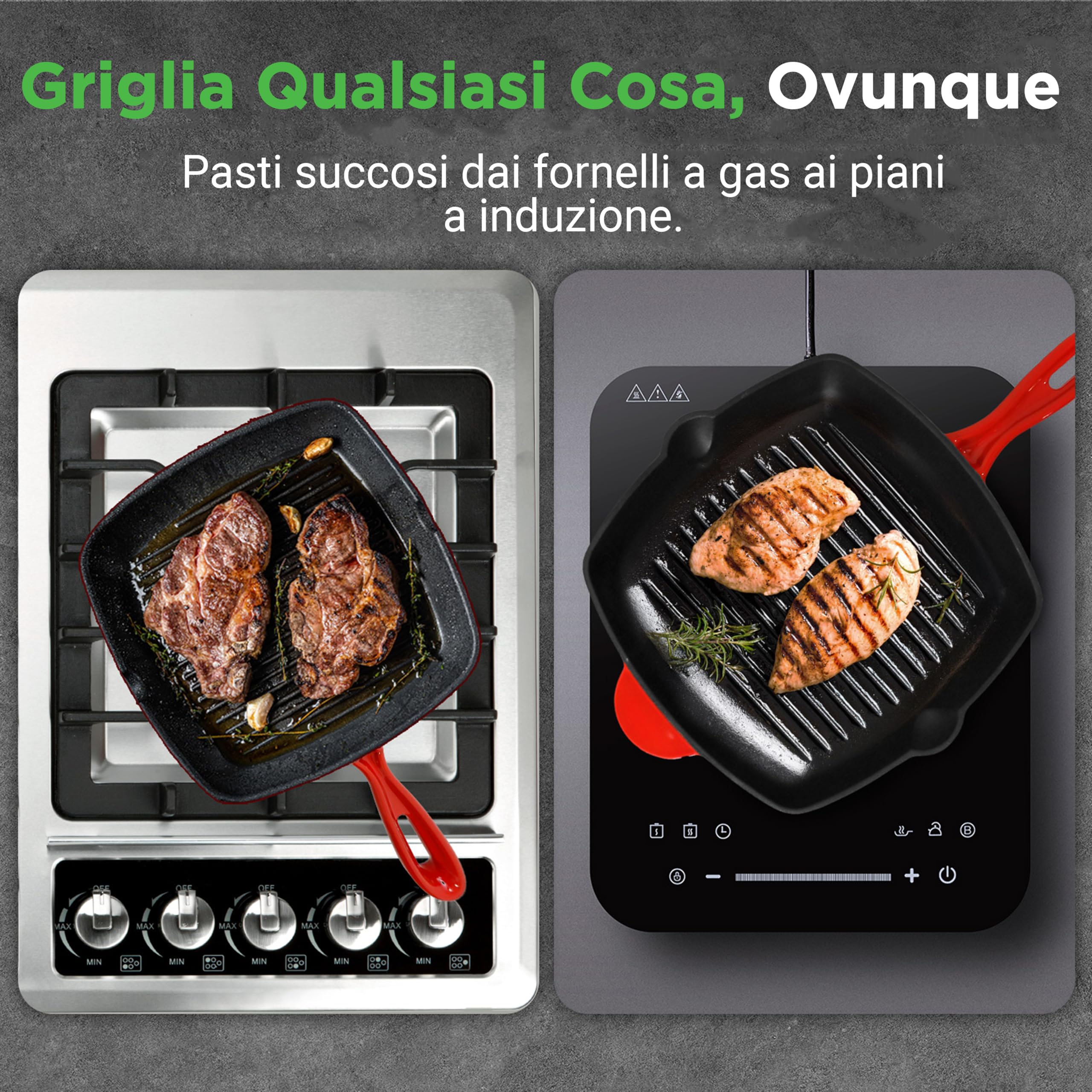 NutriChef Bistecchiera Antiaderente in Ghisa Smaltata da 28 cm, Padella Quadrata con Beccuccio, Compatibile con Tutti i Piani Cottura, Segni di Grigliatura