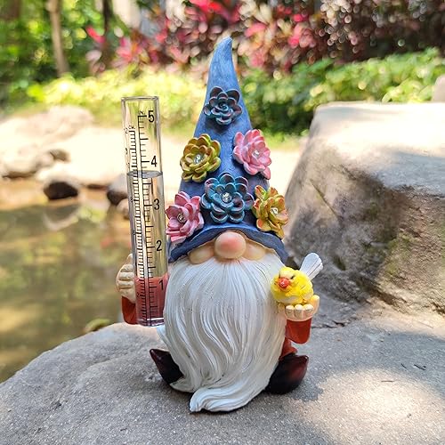 Miniatura 2 de Gnomos de resina Medidores solares Rian,Estatua de jardín de gnomos de resina con un medidor de lluvia de vidrio,Medidor de agua de escultura
