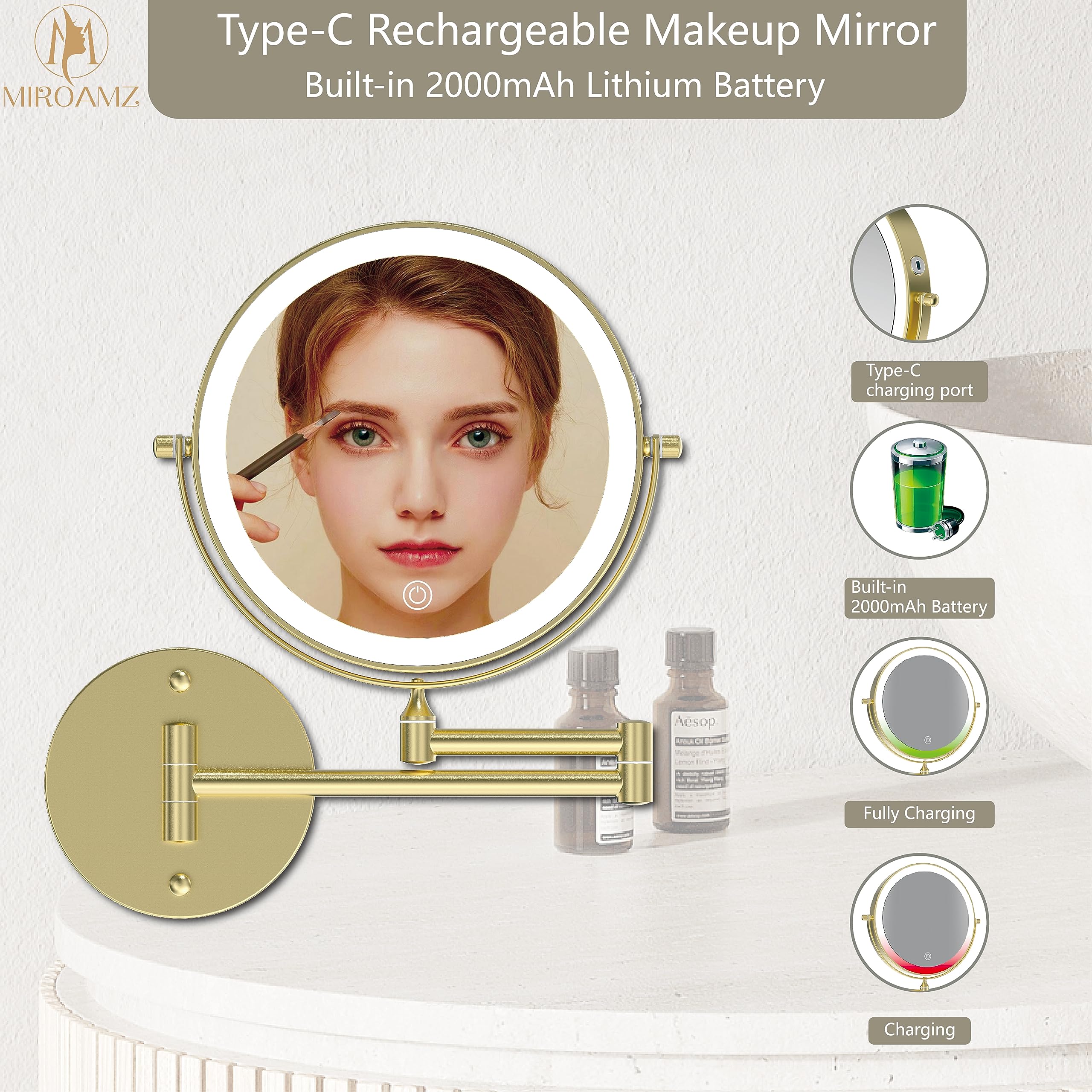 Wandmontierter beleuchteter Make-up-Spiegel, Nickel, 20,3 cm, doppelseitiger LED-Schminkspiegel, 1X/10-fache Vergrößerung, 3 Farblichter, Touchscreen, dimmbar, 360° schwenkbar, 33 cm