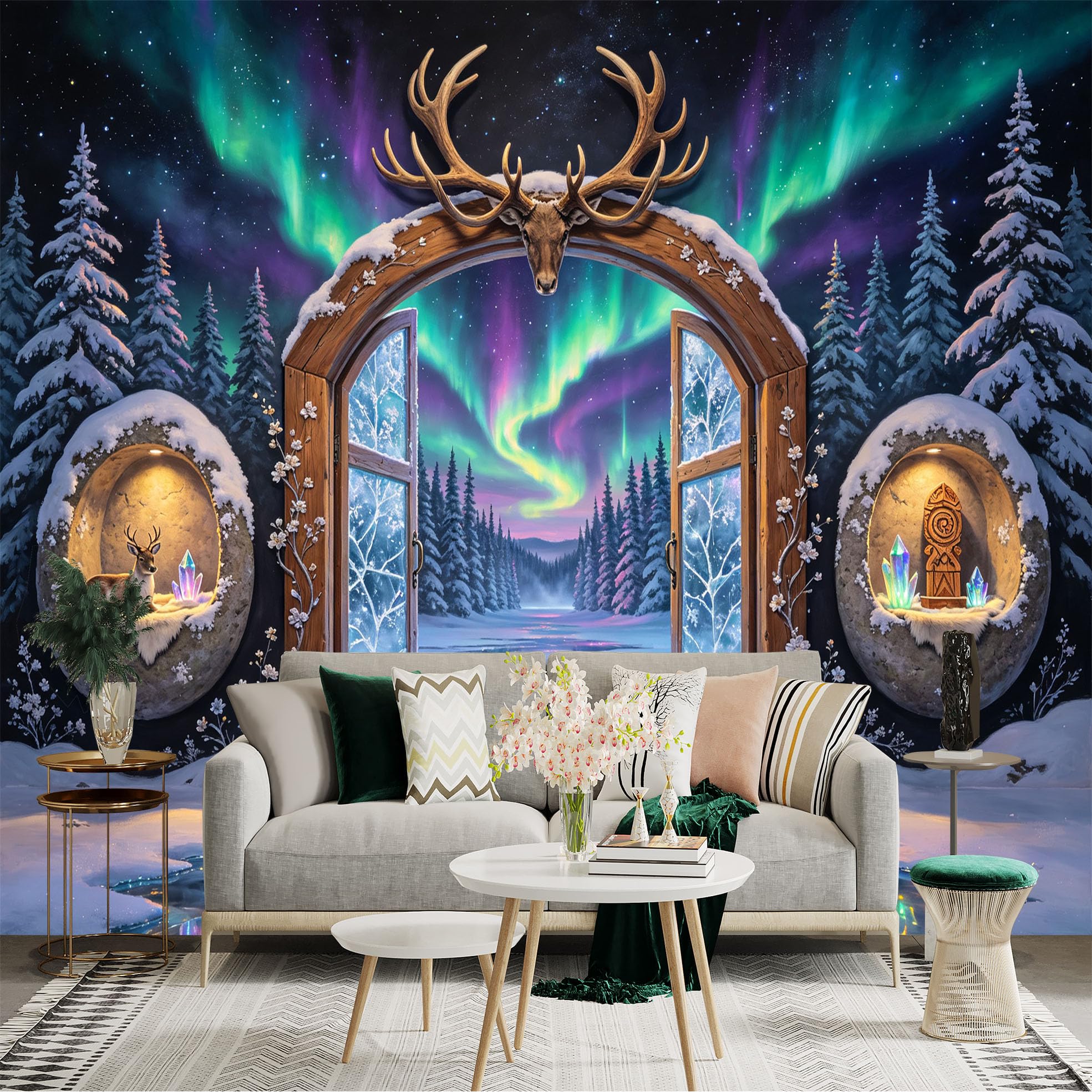 Custom Size Wall Sticker Mural， Aurora Borealis Winter Forest with Deer and Frozen Lake， for wall Decoration， peelandstick wall Decals.