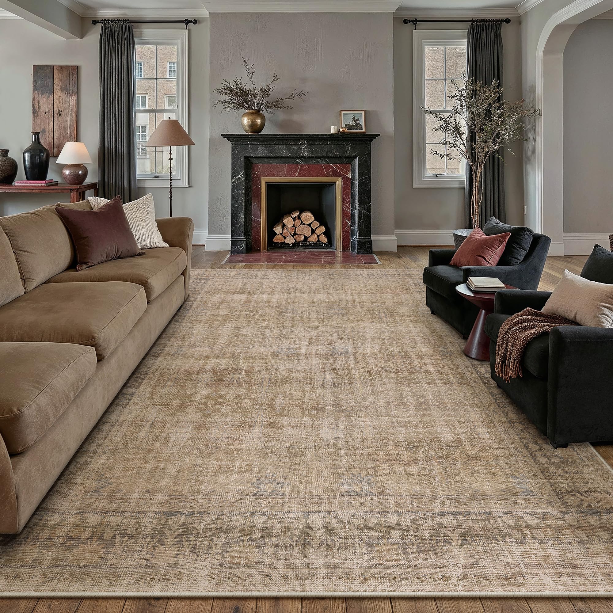 PureCozy Vintage Tapis Salon 300x400cm Marron Lavable en Machine | Chambre Enfant Rug, Antidérapant Grand Rugs, Salle a Manger, Bureau Carpets, Interieur Doux Poil Ras Carpet