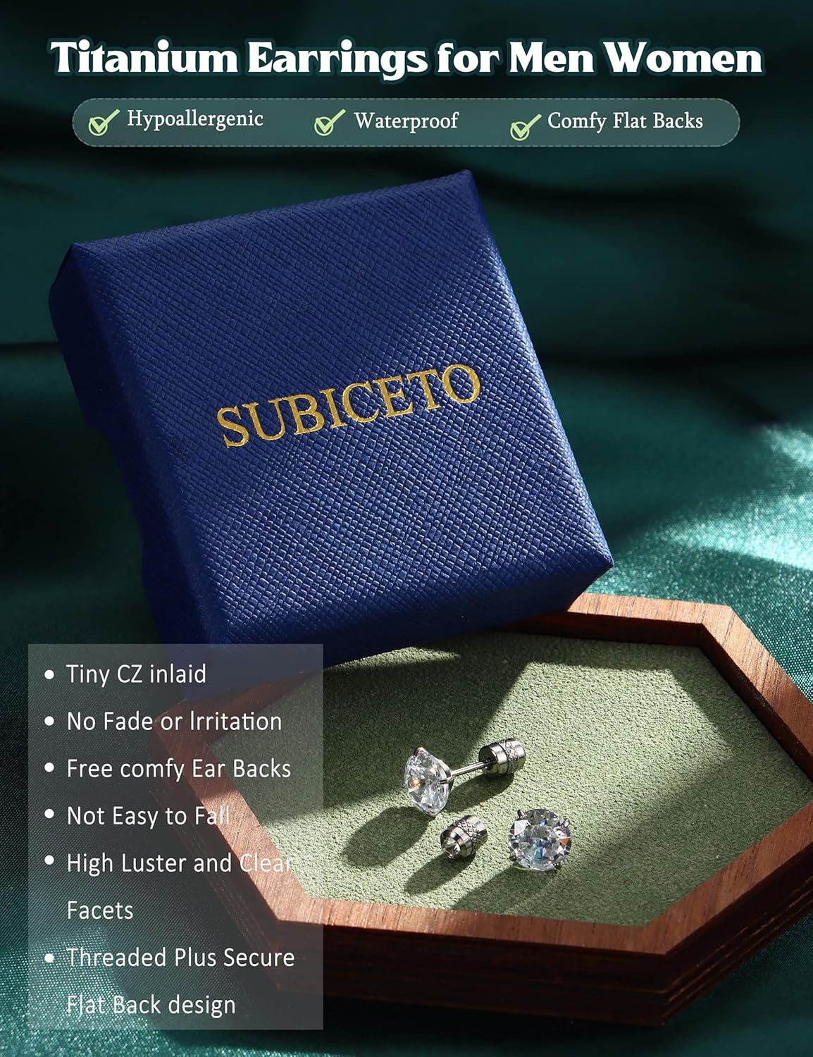 Subiceto Hypoallergenic G23 Implant Grade Titanium Screw Back Earrings 20G Pure Titanium Post for Sensitive Ears 5A Cubic Zirconia Titanium Earring Studs for Women Men Double Side Earrings Piercing Sleeper Studs Jewelry - Image 6