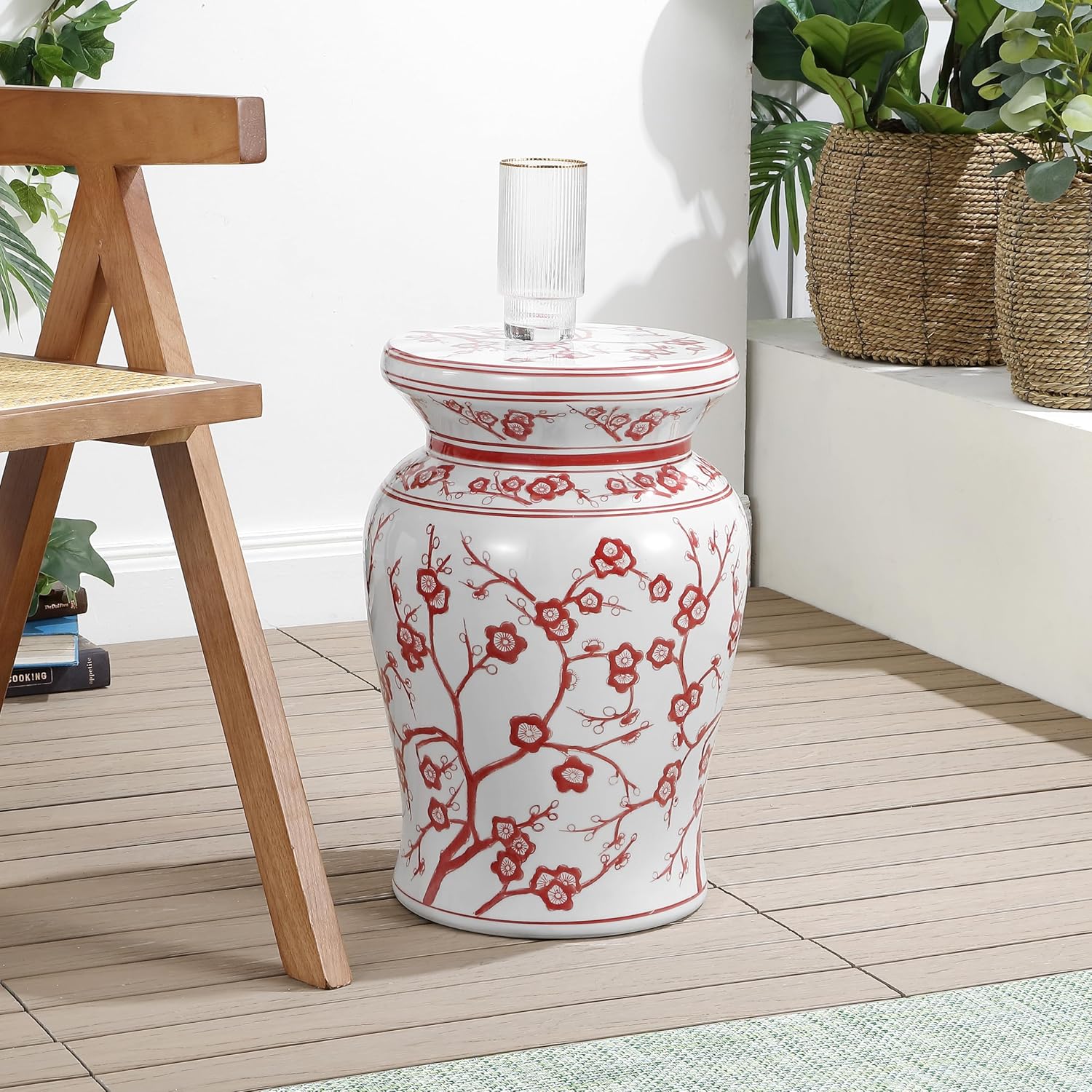 JONATHAN Y TBL1016B Cherry Blossom 17.75" Ceramic Indoor/Outdoor Garden Stool Coastal, Contemporary, Transitional, Patio, Garden Room, Bathroom, Living Room, White/Red
