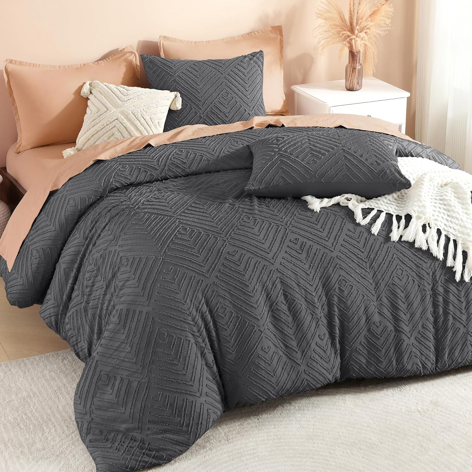 Litanika California King Comforter Set Dark Grey, 3 Pieces Tufted Boho Farmhouse Bedding Comforter Sets, Lightweight Fluffy Comforter Bed Set All Season (104x96In Comforter & 2 Pillowcases) California King (104"x96") 12-dark Grey