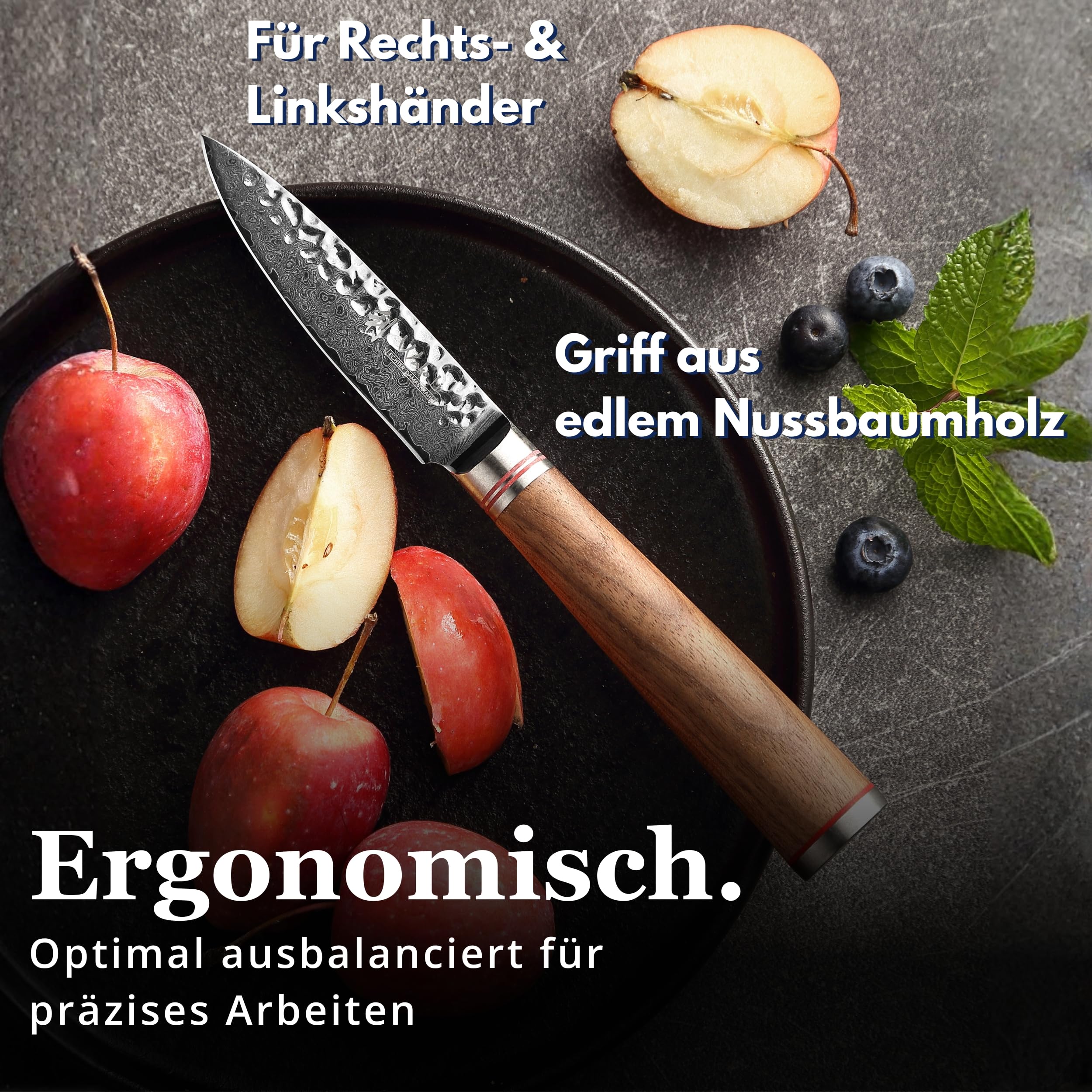 Wakoli Nussbaum Officemesser 9 cm aus 67 Lagen Damaststahl mit VG10 Kern | Mit Hammerschlag, Nussbaumholzgriff und 15° V-Schliff zum Schälen, Putzen und Dekorieren von Obst und Gemüse, in Geschenkbox
